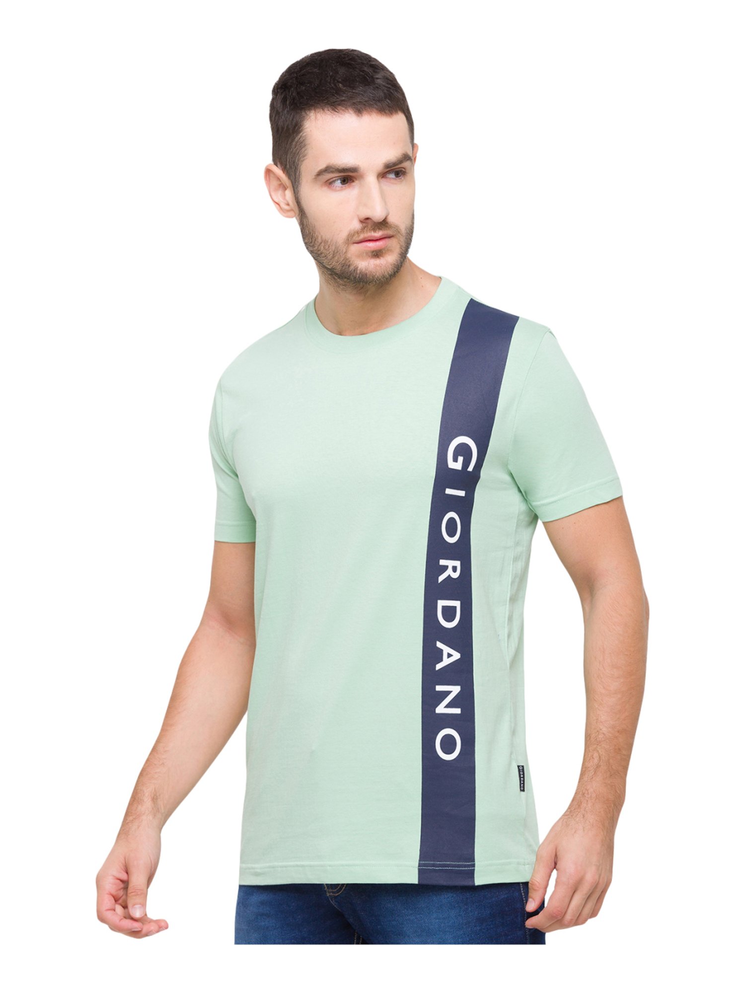 Giordano Smoke Green Cotton Slim Fit Logo Printed T-Shirt