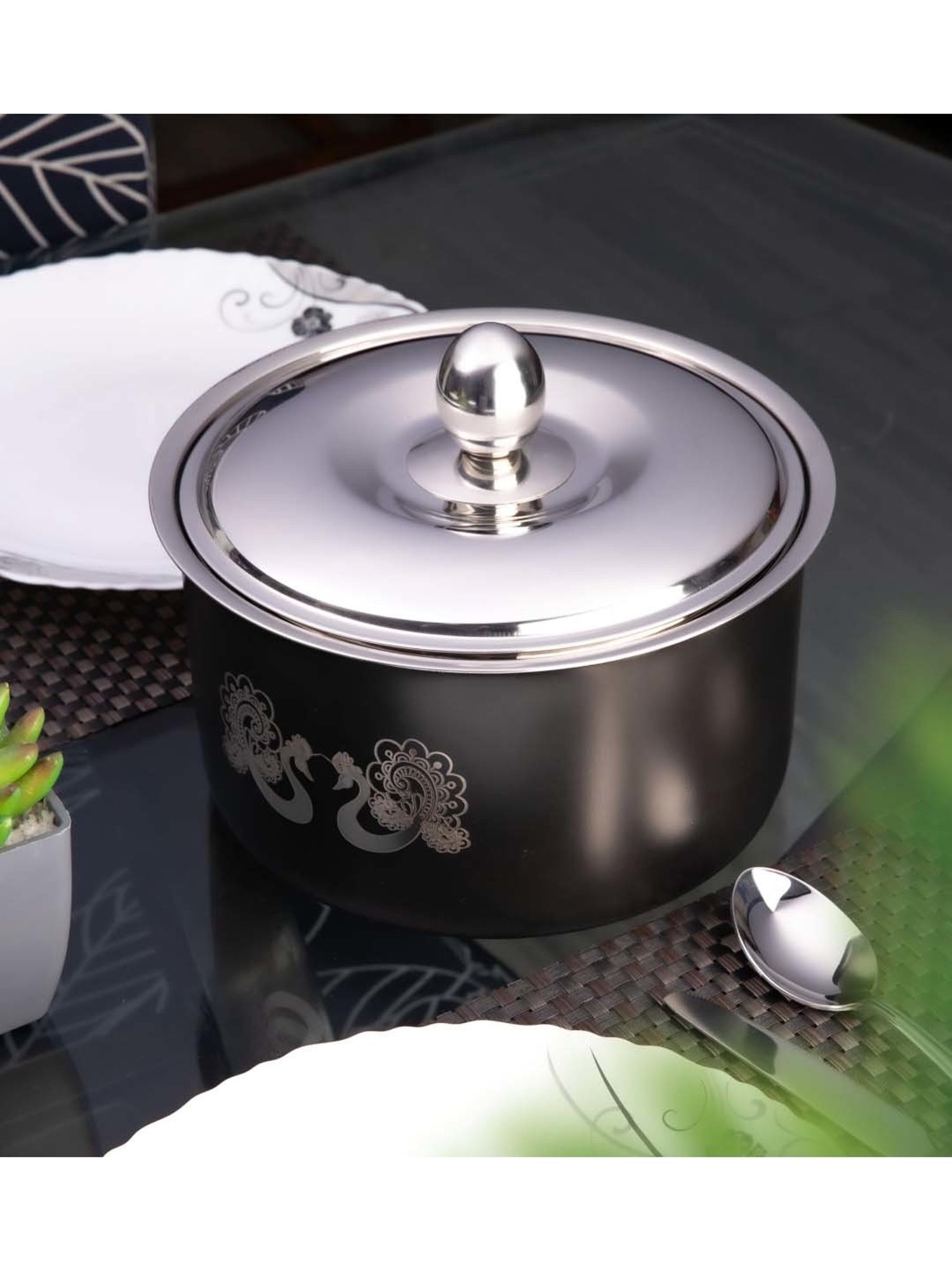 FnS Hazel Black Stainless Steel Casserole With Lid (2.2 L)