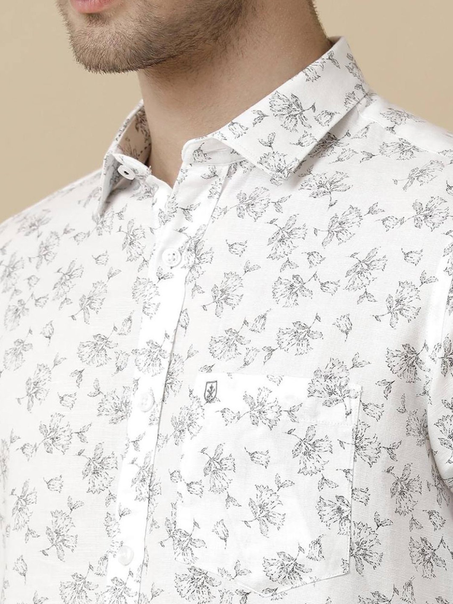 Linen Club White Linen Contemporary Fit Printed Shirt