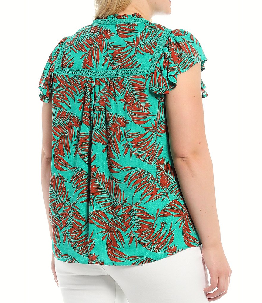 Jessica Simpson Plus Size Lori Banana Leaves Print Lace Trim Ruffle Yoke Stand Ruffle Split Round Neck Cap Sleeve Detail Top