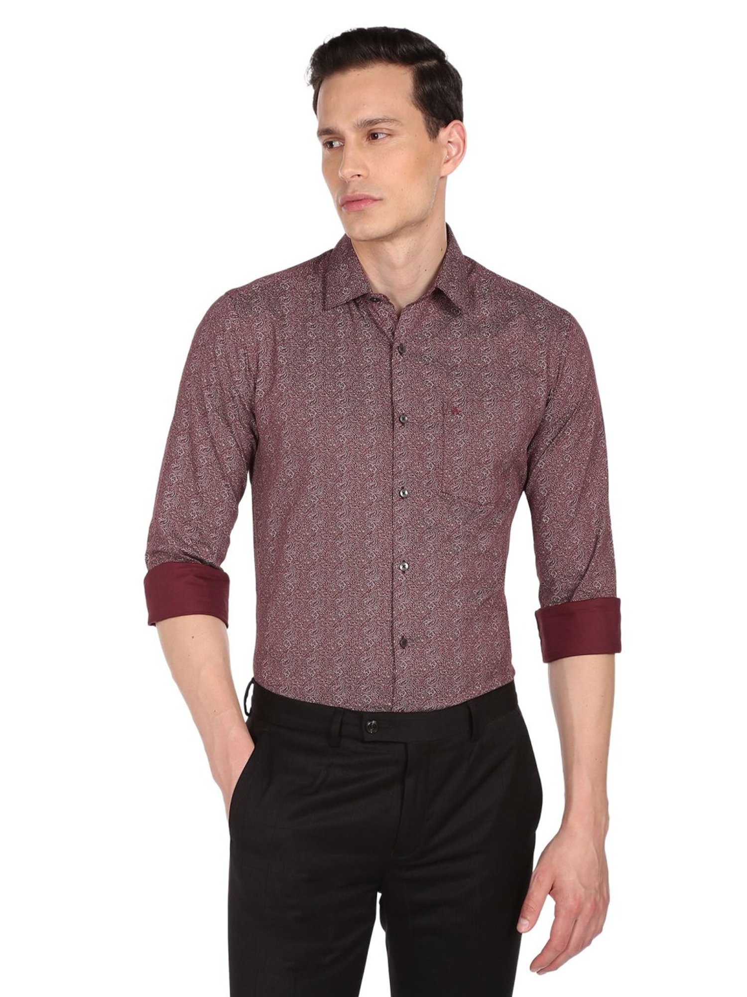Arrow Maroon Cotton Slim Fit Printed Shirt