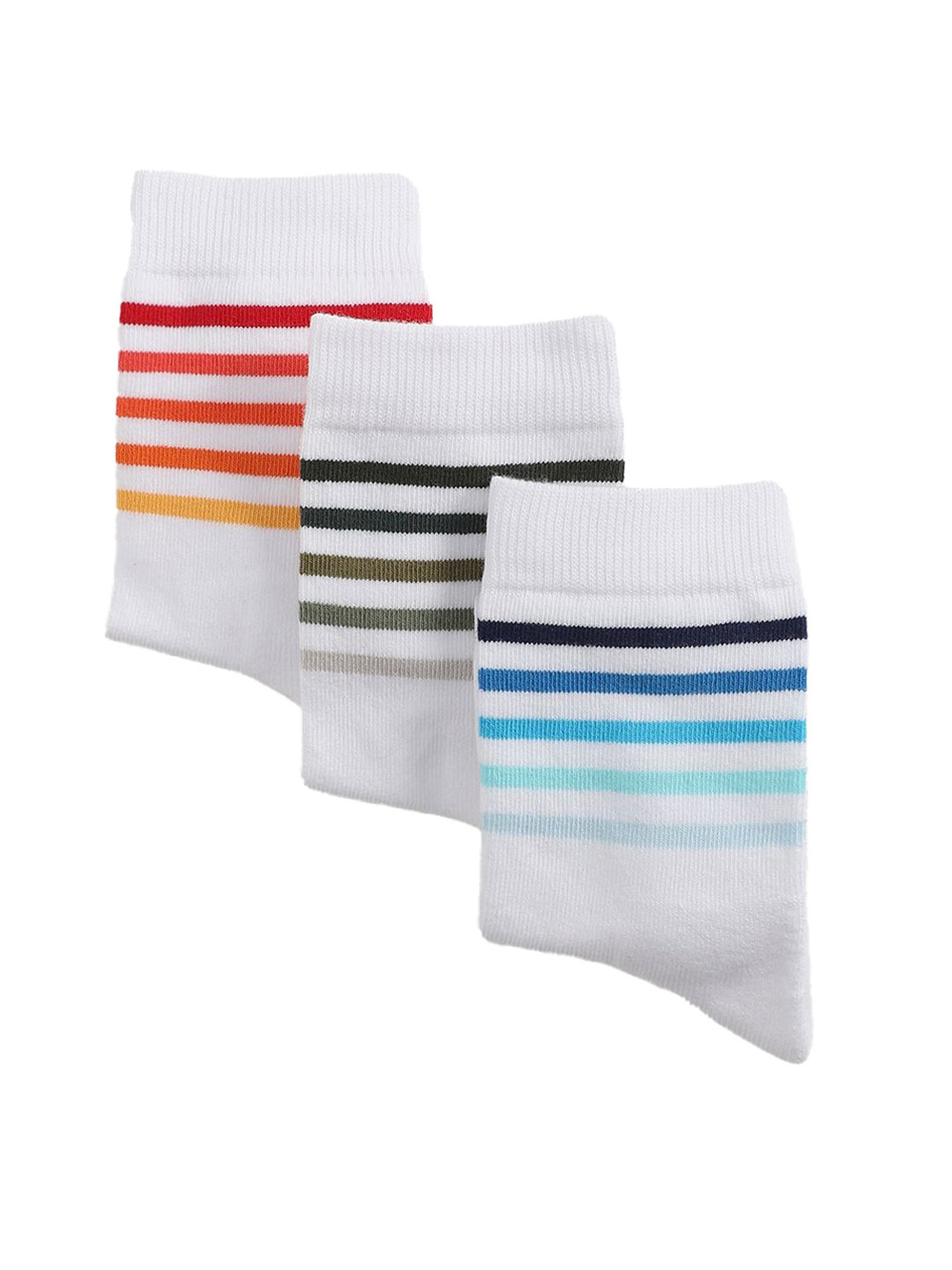 Jack & Jones Jacstriper Terry Bright White Cotton Striped Calf Length Socks - Pack of 3