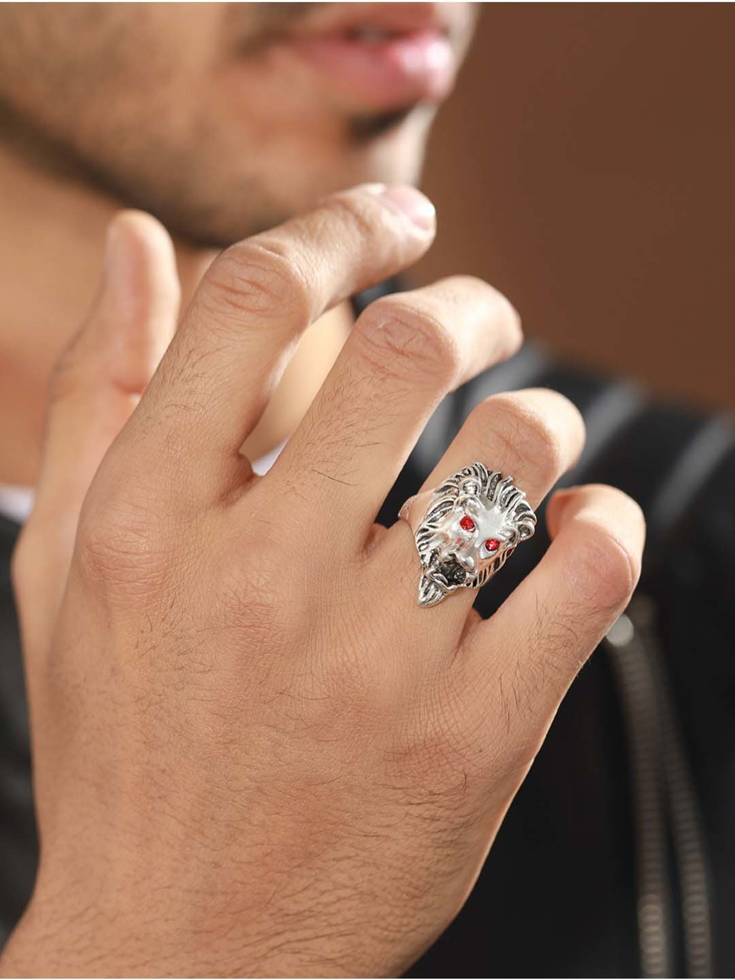 Bold by Priyaasi Red-Eyed Lion Oxidized Silver Ring for Men