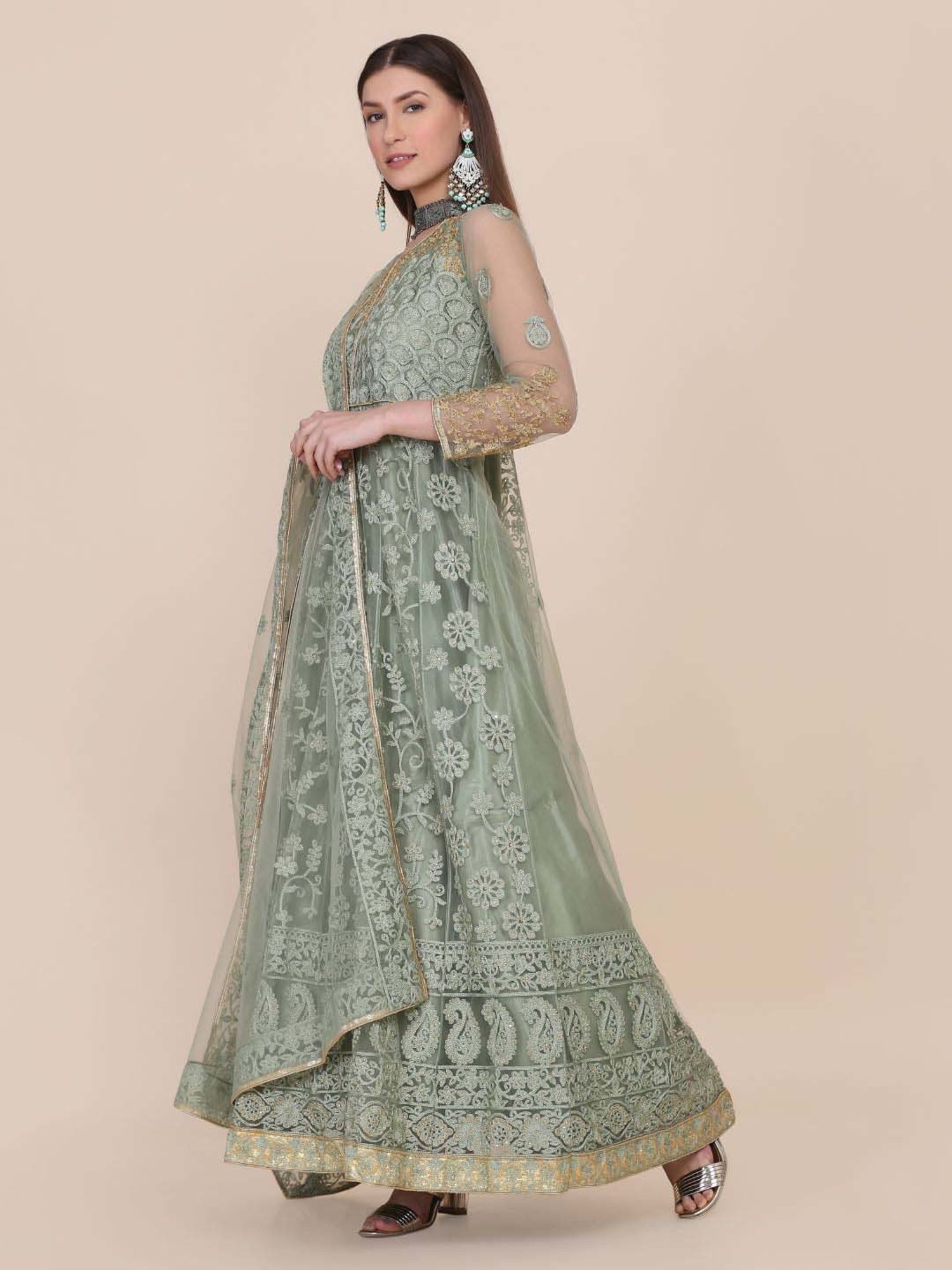 Warthy Ent Green Embroidered Semi Stitched Dress Material