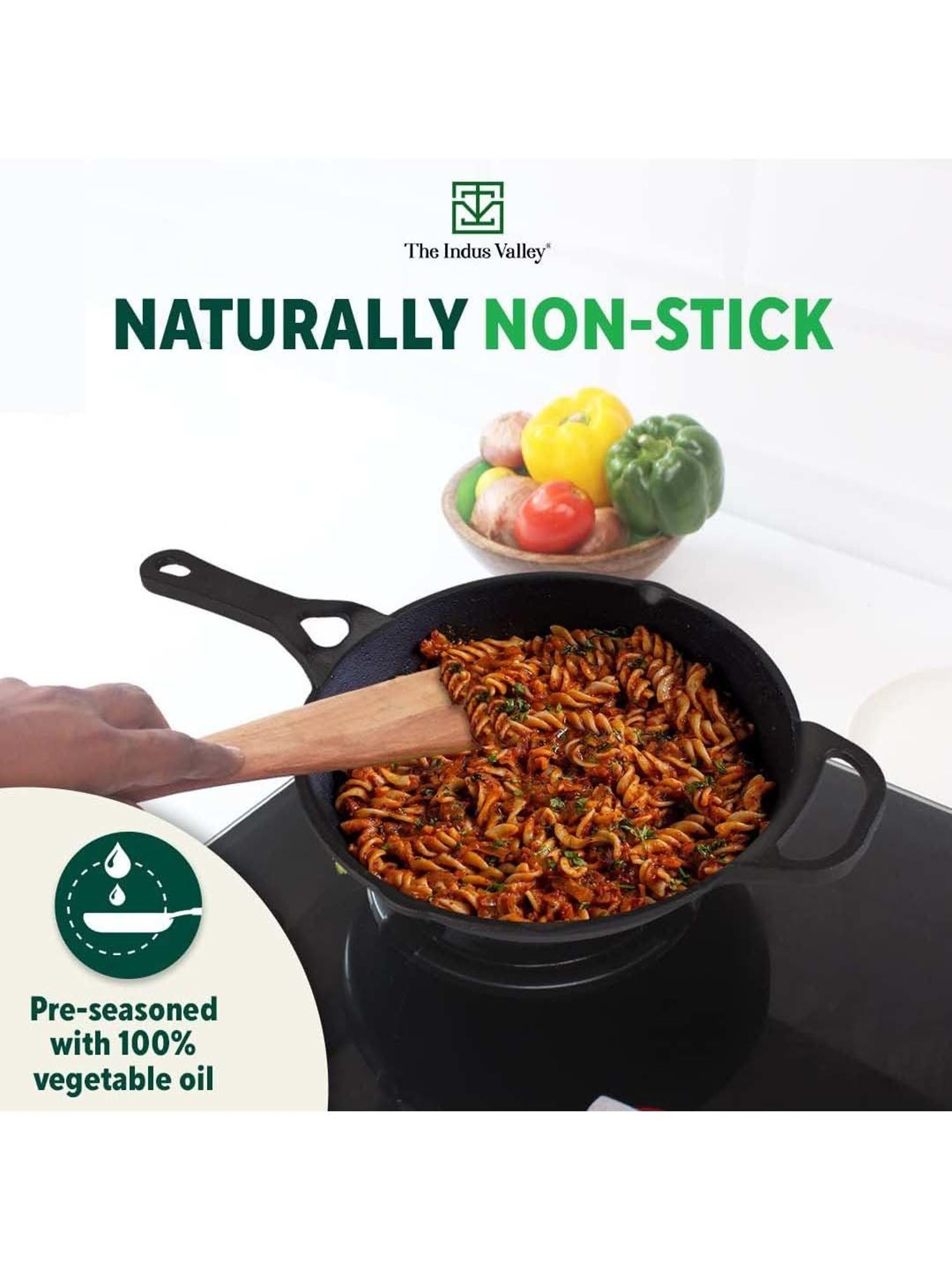 The Indus Valley Black Cast Iron 21.08 cm Deep Frying Skillet With Long Handle & Glass Lid (0.86 L)