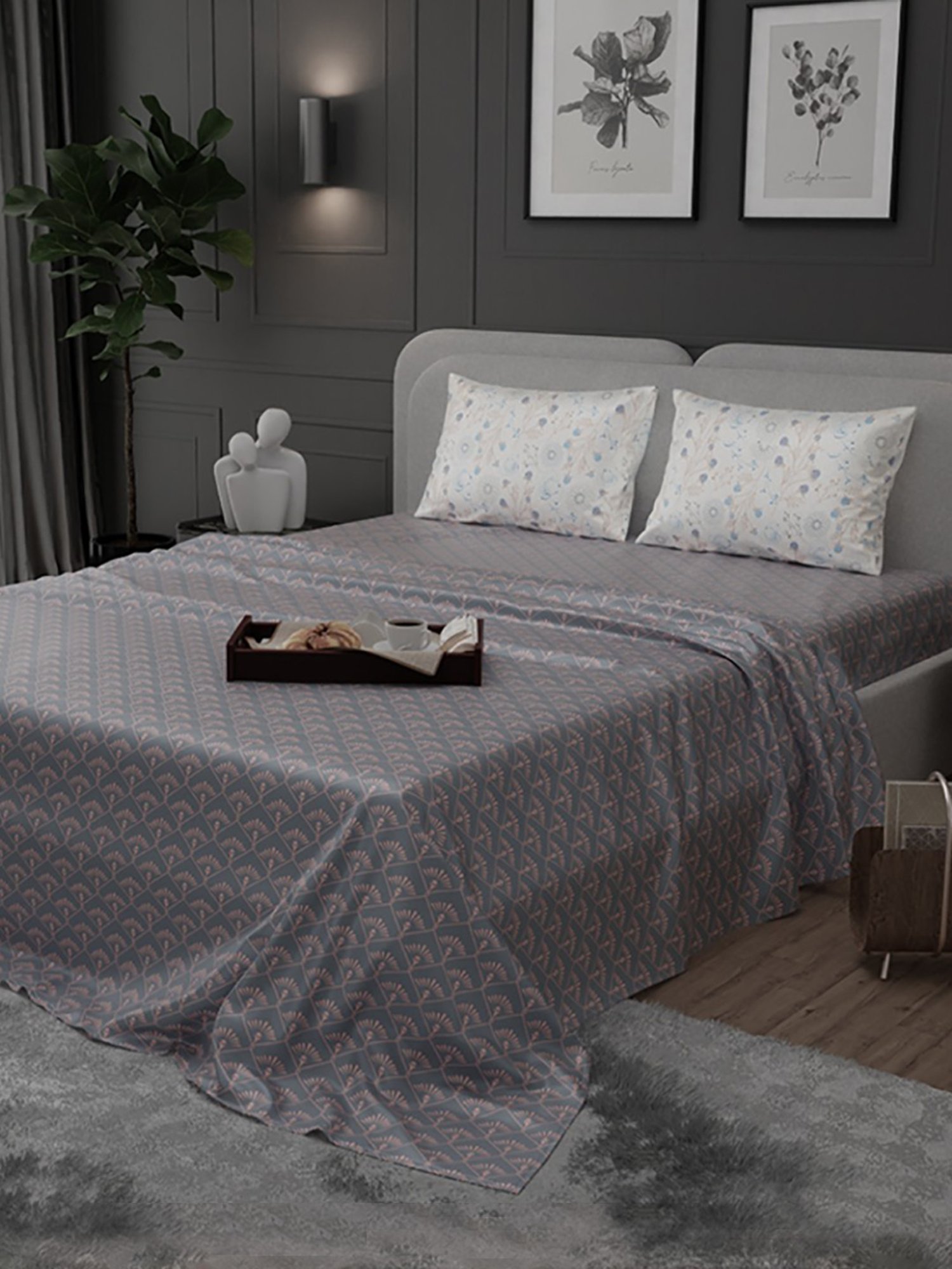 Stoa Paris Elegance Grey Polyester 300 TC Sateen Super King Size Bed Sheet With 2 Pillow Covers