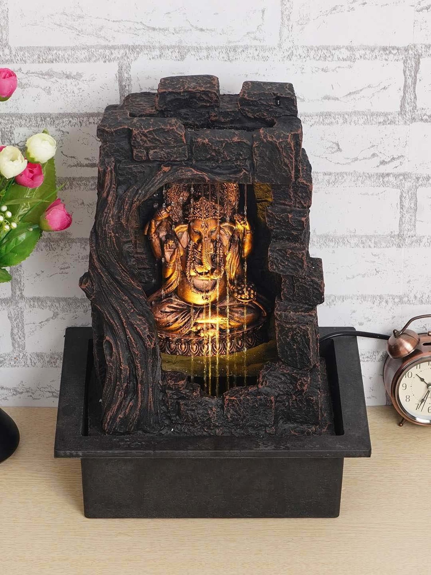 CHRONIKLE Brown & Golden Polyresin Ganesha Idol Front Curtain Waterfall Fountain