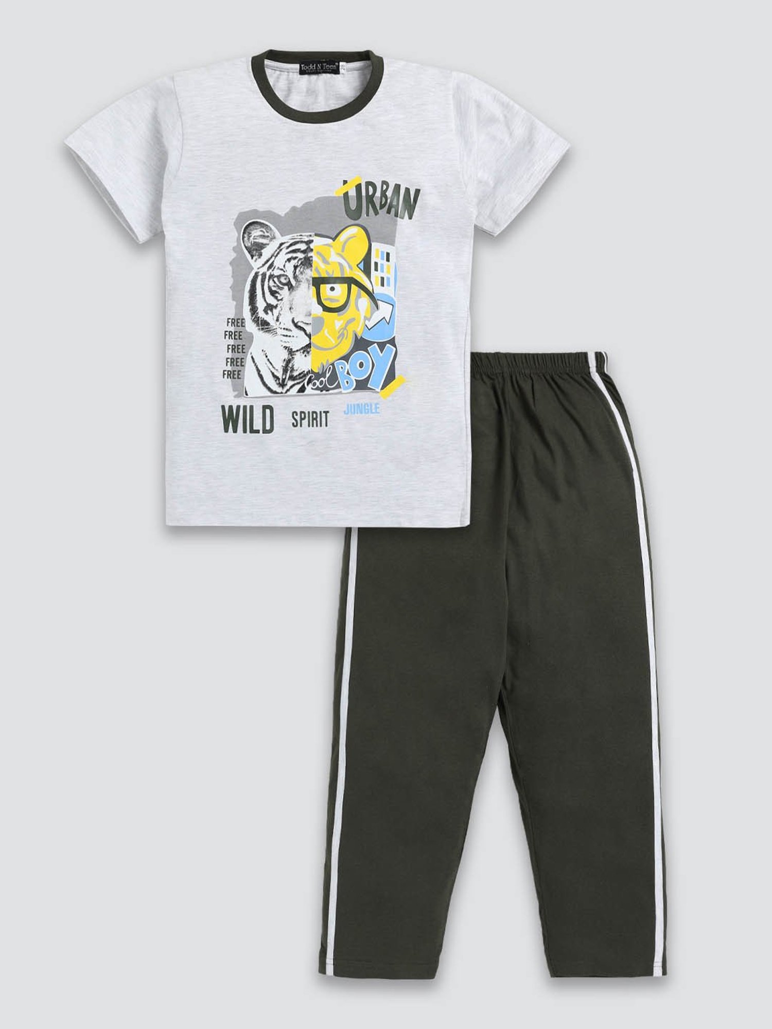 Todd N Teen Kids Grey & Olive Printed T-Shirt with Trackpants