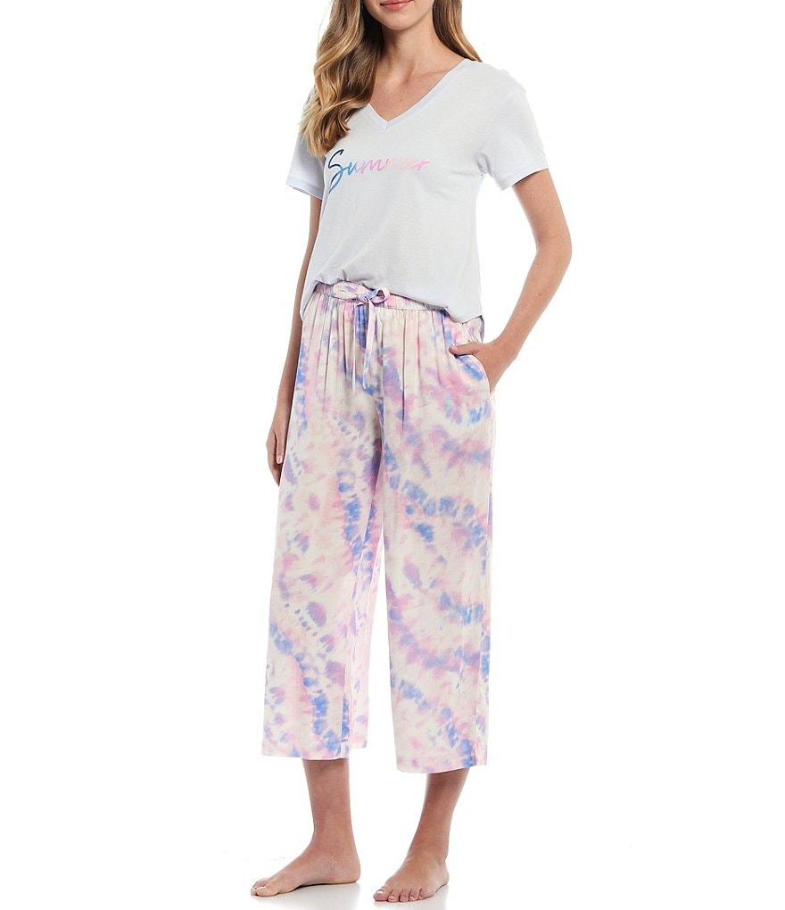 Jasmine & Ginger Tie Dye Print Cropped Wide-Leg Woven Sleep Pants