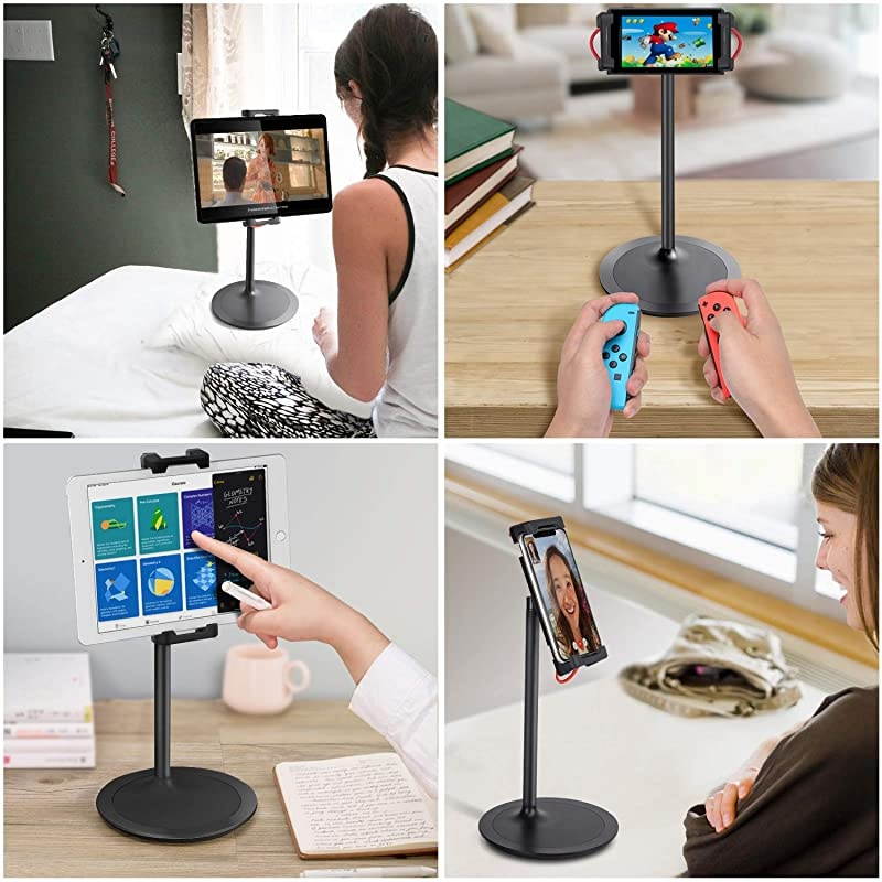 Tablet Ipad Stand Holder,  Adjustable Phone Stand, 360 Degree Rotating, Aluminum Alloy Cradle Desktop Holder Dock for 4.7"-12.9" Screen Phones, iPad, Nintendo Switch, Kindle, eBook Reader (Black)