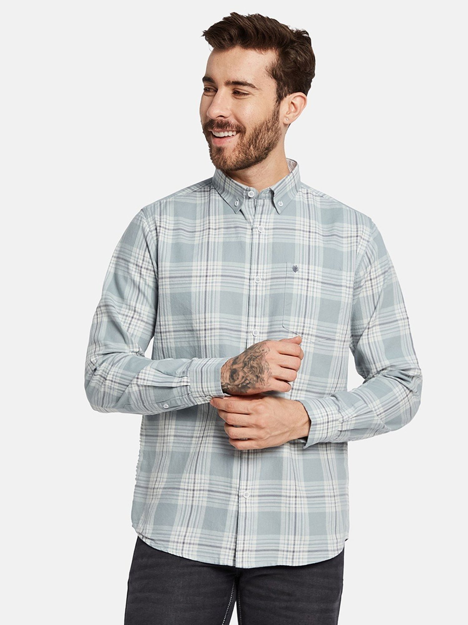 Mettle Green Cotton Regular Fit Checks Shirt