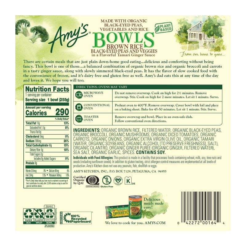 Amy's Brown Rice Black-Eyed Peas and Veggies Frozen Bowls - 9oz