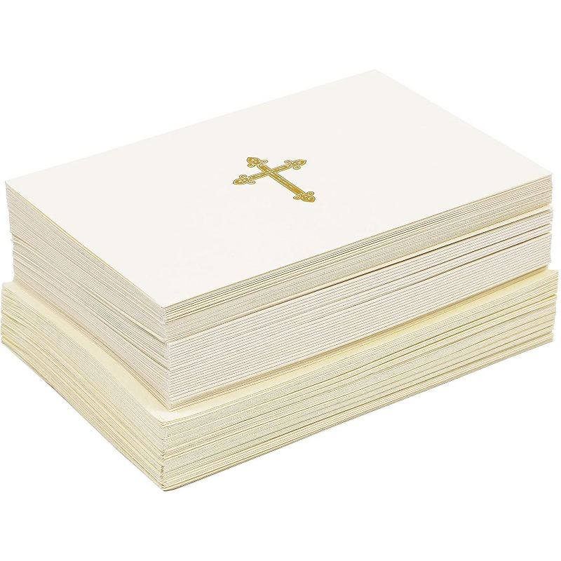 48-Pack Gold Foil Embossed Cross Blank Greeting Card Set with Envelopes, Ideal for Religious Celebrations, Baptisms, (Cream 4x6)