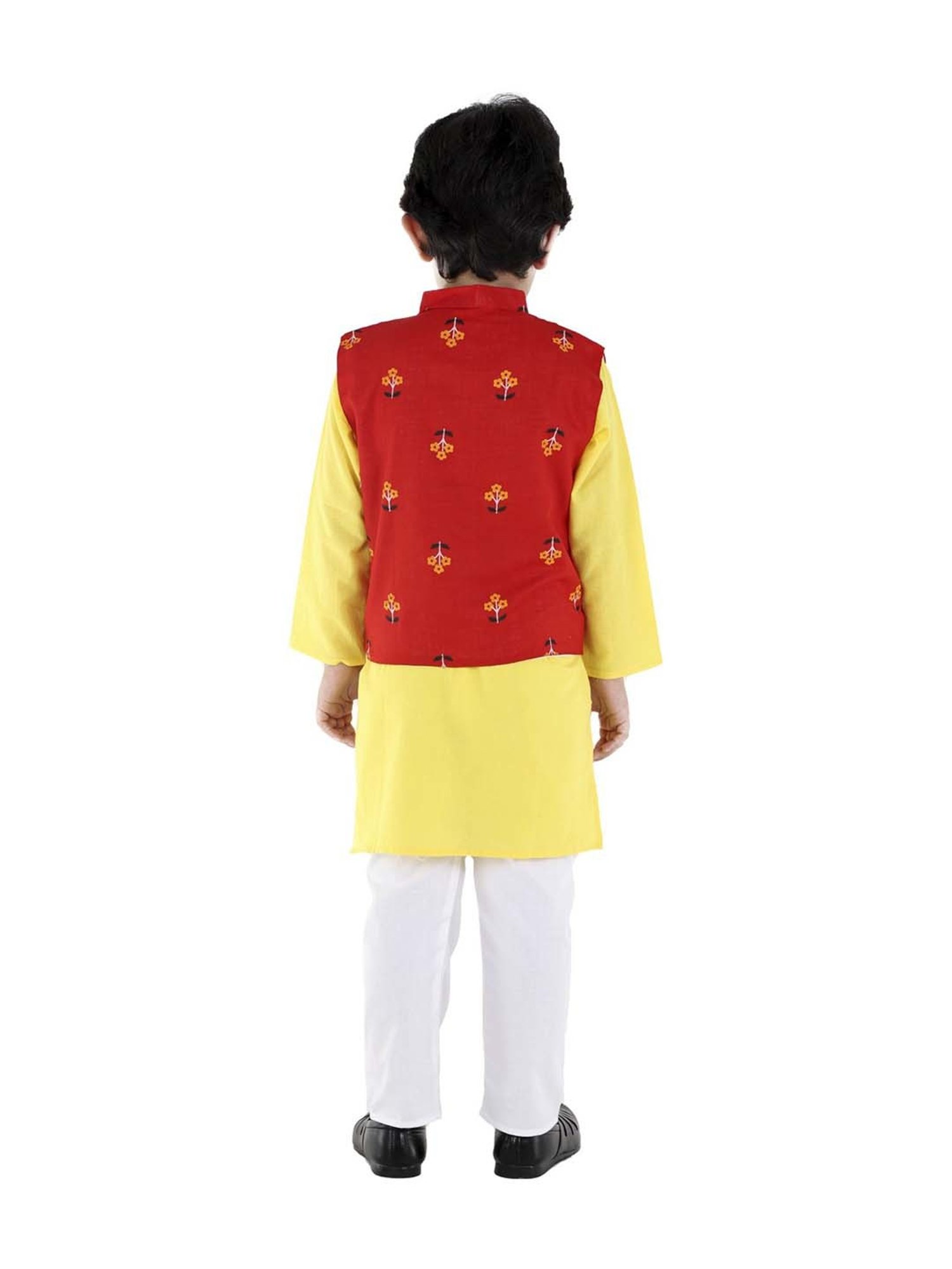 Ahhaaaa Kids Red & Yellow Cotton Floral Print Kurta Set