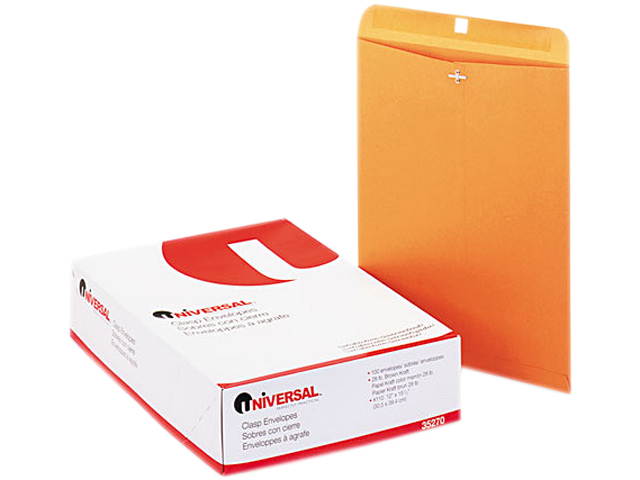 Universal 35270 Kraft Clasp Envelope  Side Seam  28lb  12 x 15 1/2  Light Brown  100/box