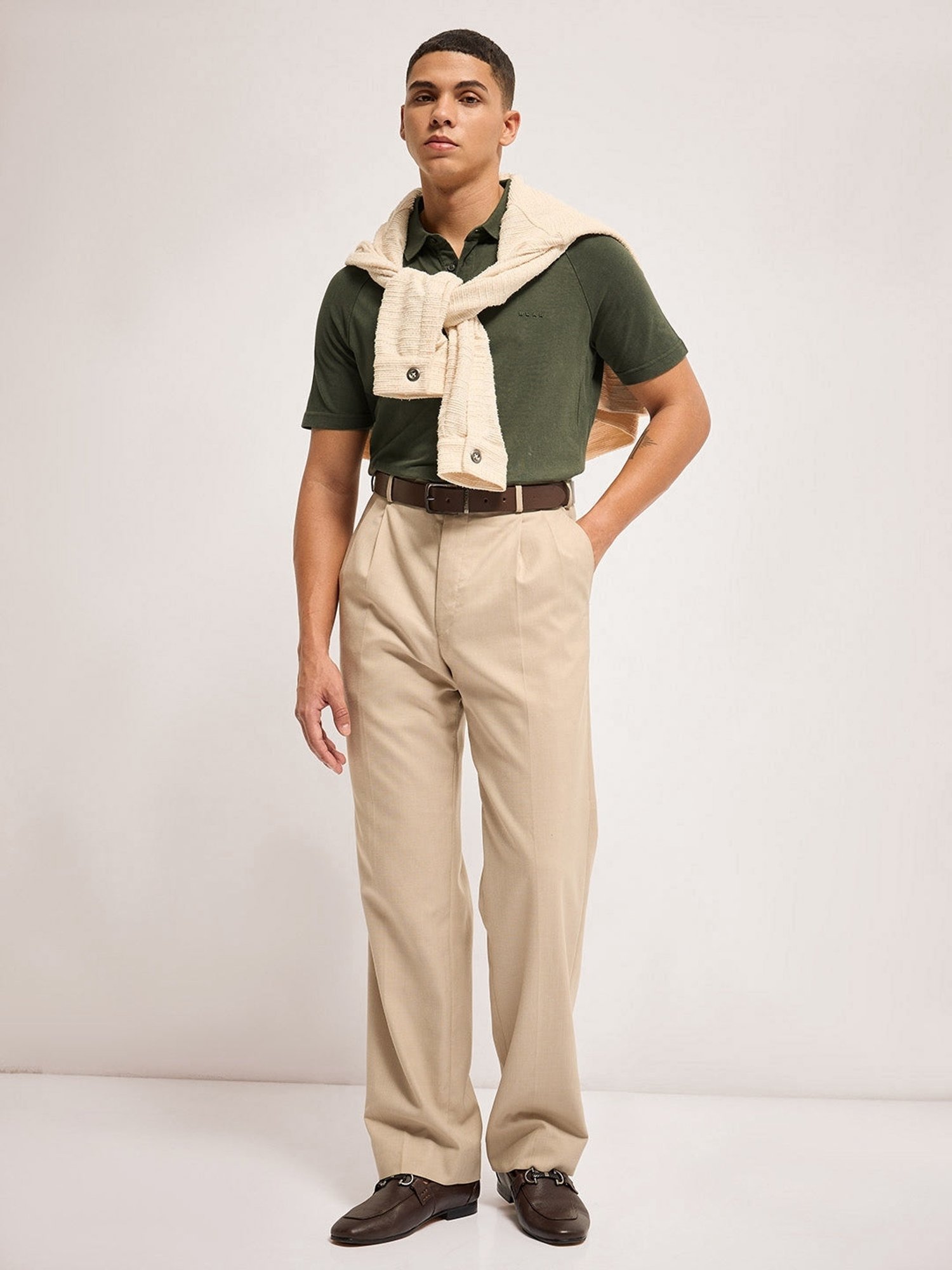 The Bear House Green Cotton Regular Fit Self Pattern Polo T-Shirt