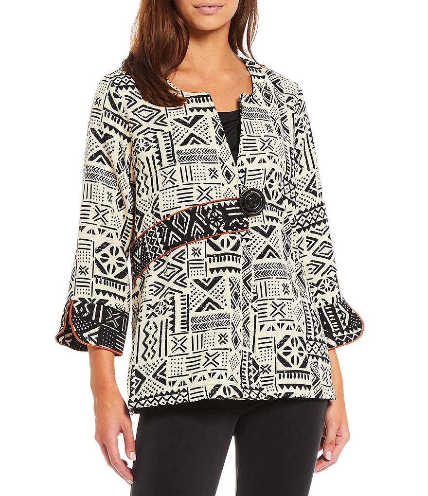 Multiples Petite Size Patchwork Split Round Neck 3/4 Sleeve Contrast Stitching Trim One Button Swing Jacket