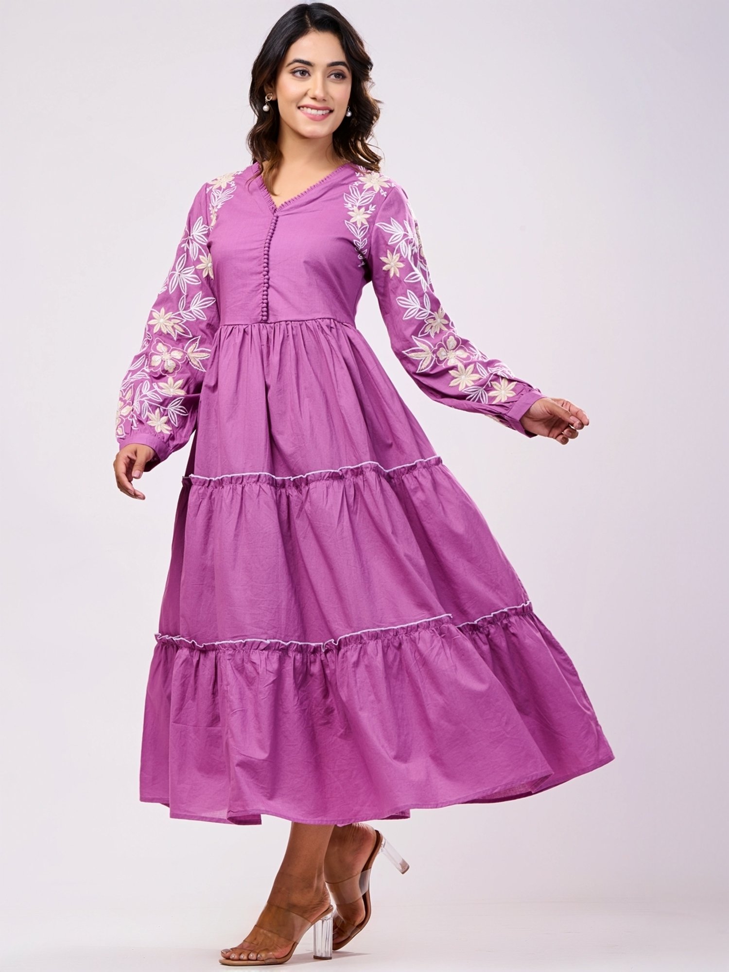 Zolo Label Purple Cotton Embroidered A-Line Dress