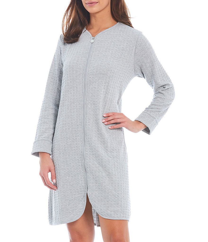 Miss Elaine Heathered Waffle Knit Zip-Front Round Neck Long Sleeve Short Robe