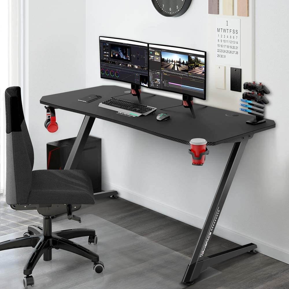 55 Inch Ergonomic Gaming Desk with Free Mouse Pad, Z-Shaped Office Desk PC Computer Desk Racing Gaming Table Gamer Workstation with Cup Holder & Headphone Hook, Cable Manage