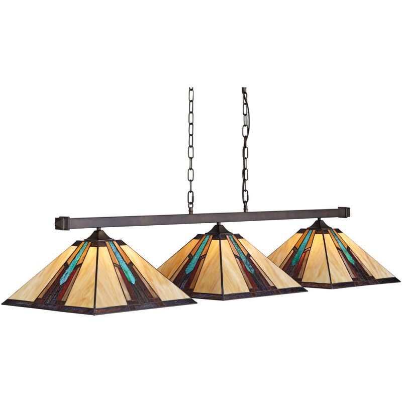 Robert Louis Tiffany Bronze Linear Island Pendant Chandelier 56" Wide Tiffany Style Ranier Art Glass 3-Light Fixture for Kitchen