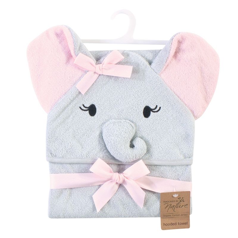 Touched by Nature Baby Girl Organic Cotton Animal Face Hooded Towels, Girl Elephant, One Size