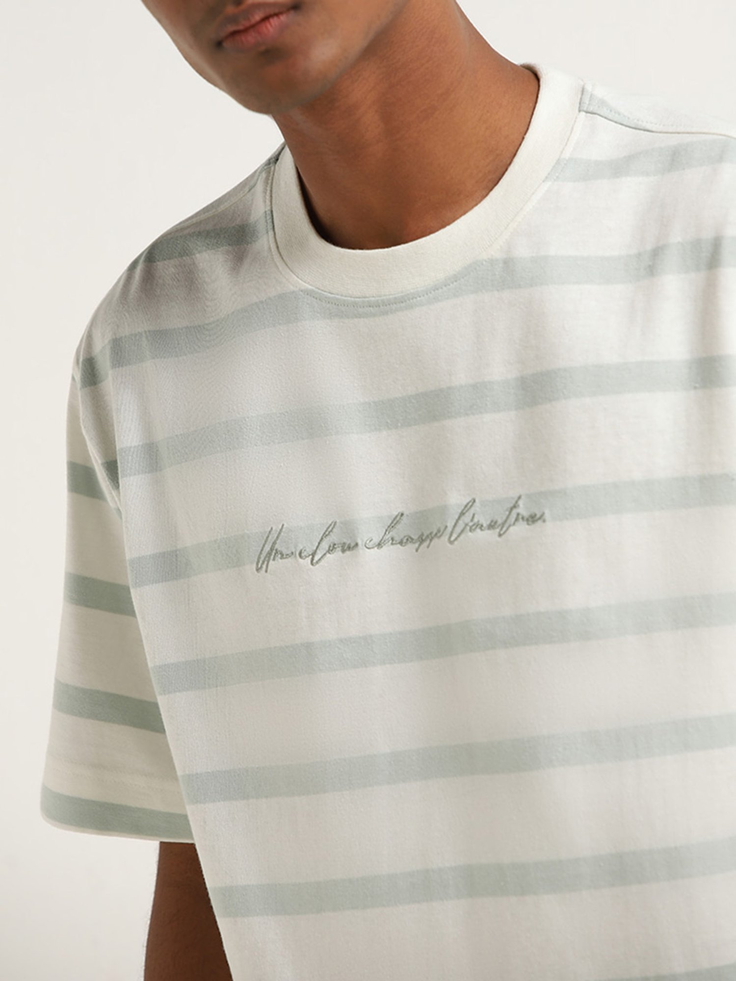 Nuon by Westside Sage Stripe Pattern Relaxed-Fit Cotton T-Shirt