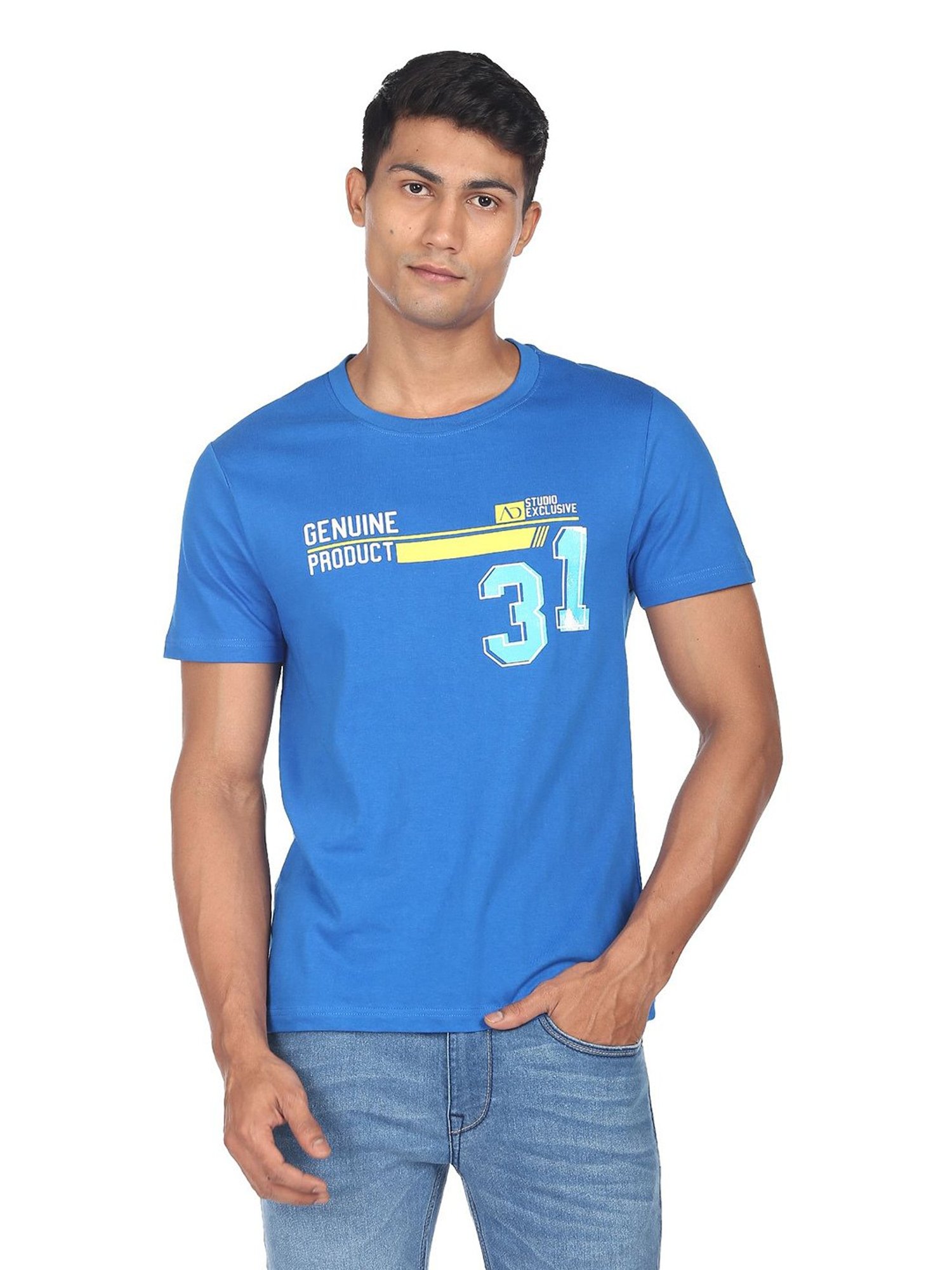 AD by Arvind Royal Blue Slim Fit Crew T-Shirt