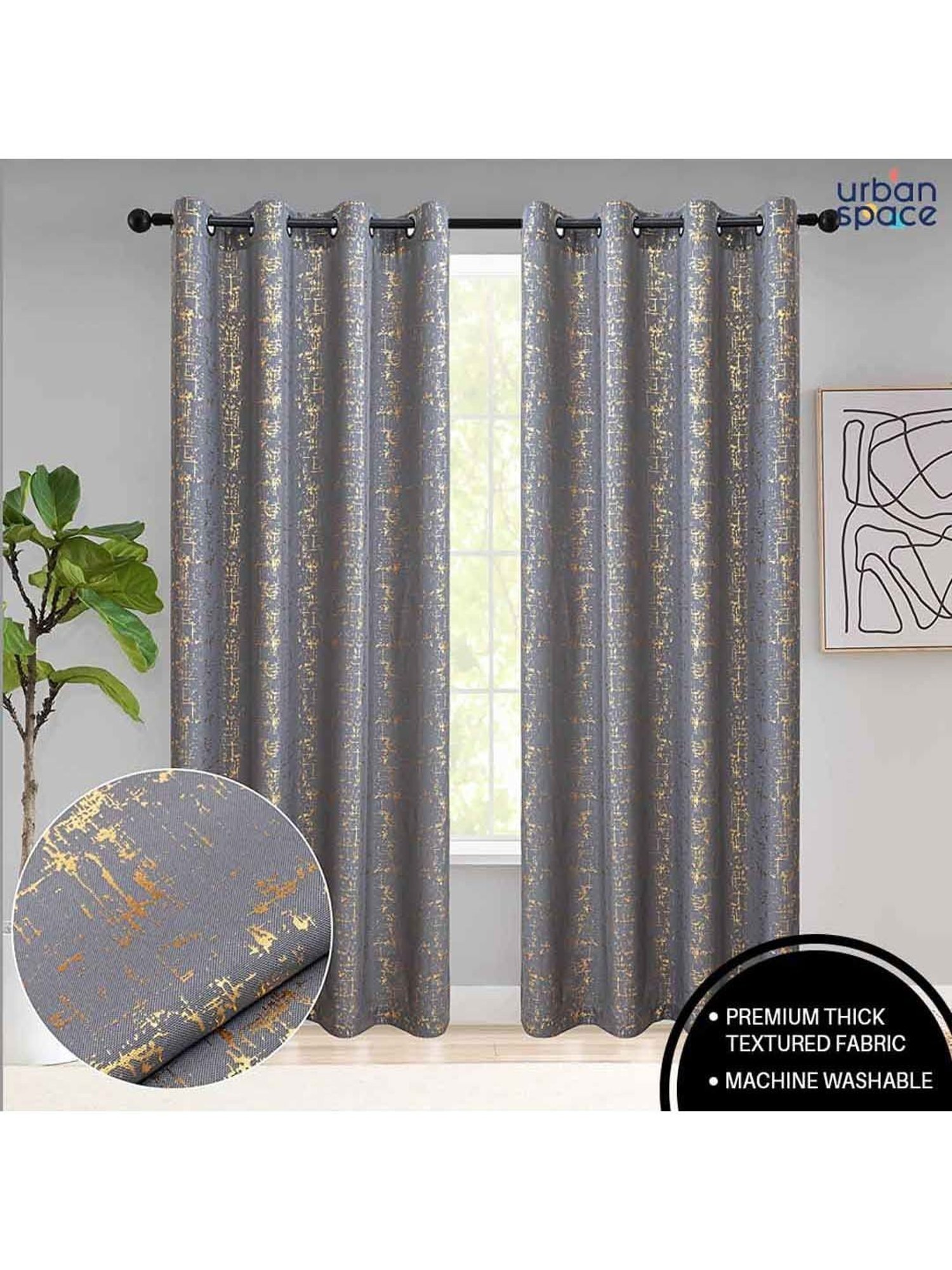 Swayam Cream & Blue Printed Faux Silk Door Curtains - Set of 2