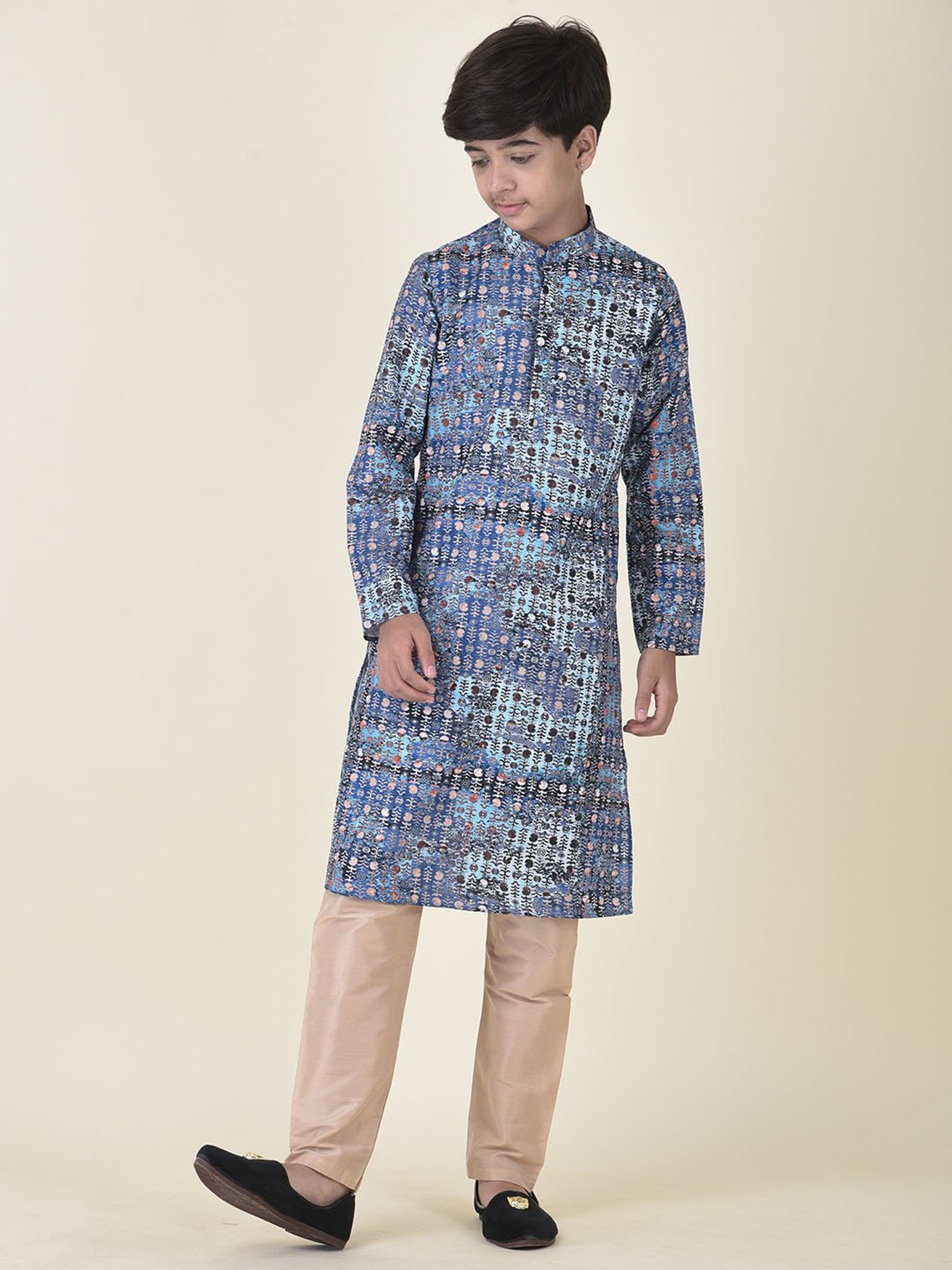 TABARD Kids Blue & Beige Printed Kurta + Pyjamas