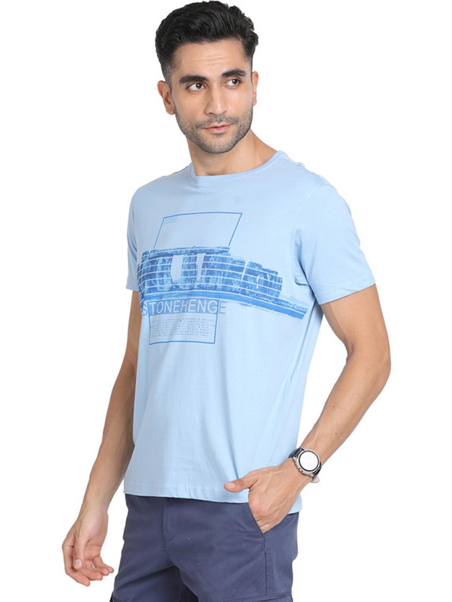 Turtle Blue Cotton Slim Fit Printed T-Shirt