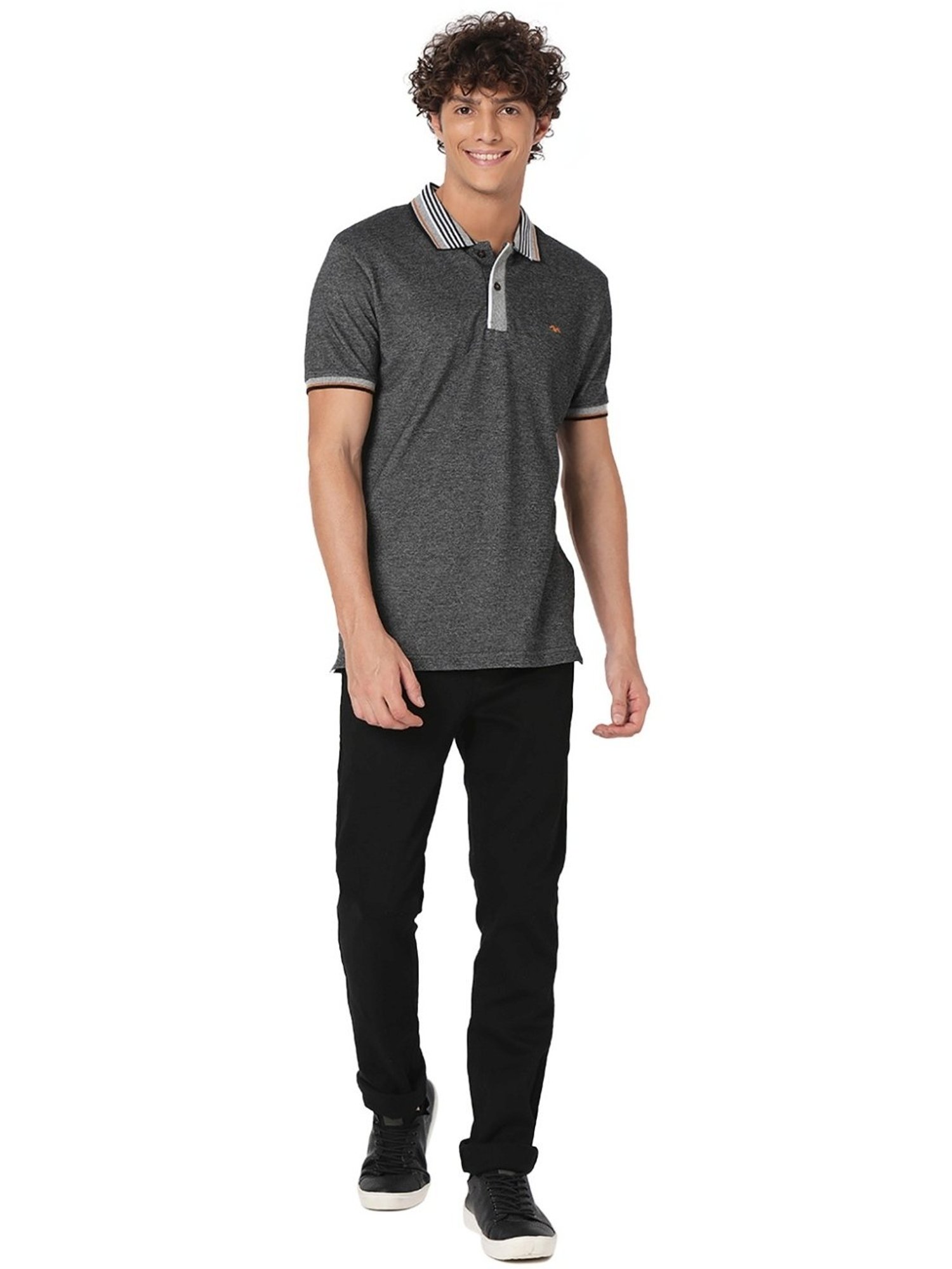 Mufti Grey Cotton Slim Fit Polo T-Shirt