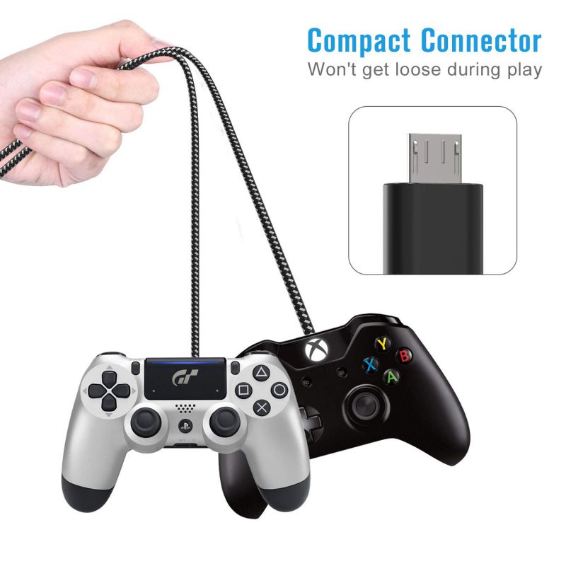 PS4 Controller Charger Charging Cable &ndash; 2 Pack 10FT Nylon Braided Micro USB 2.0 High Speed Data Sync Cord for Playstation 4, PS4 Slim/Pro, Xbox One S/X Controller, Android Phones (2 Pack)