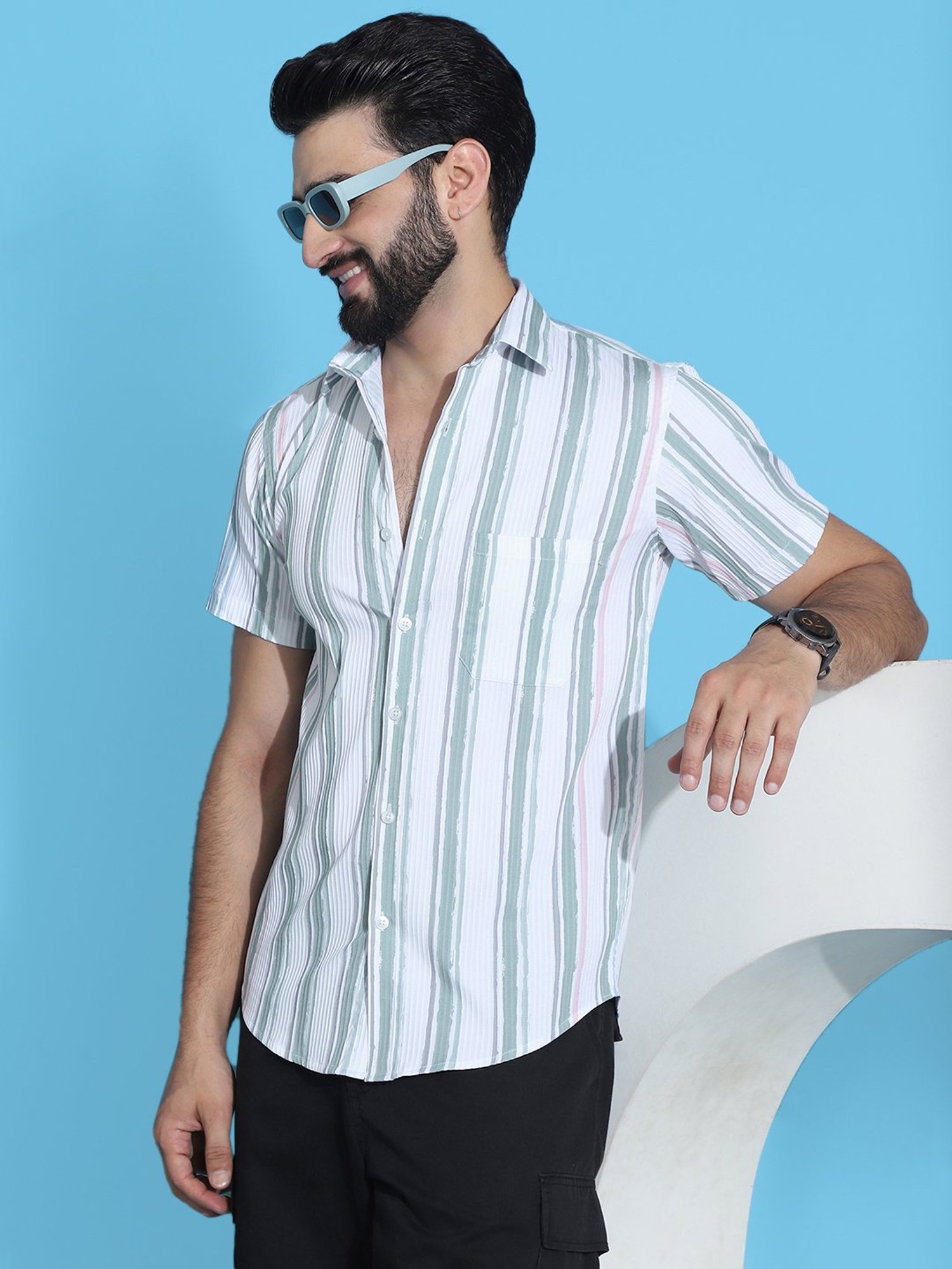 Indian Needle Sea Green Regular Fit Striped Shirt