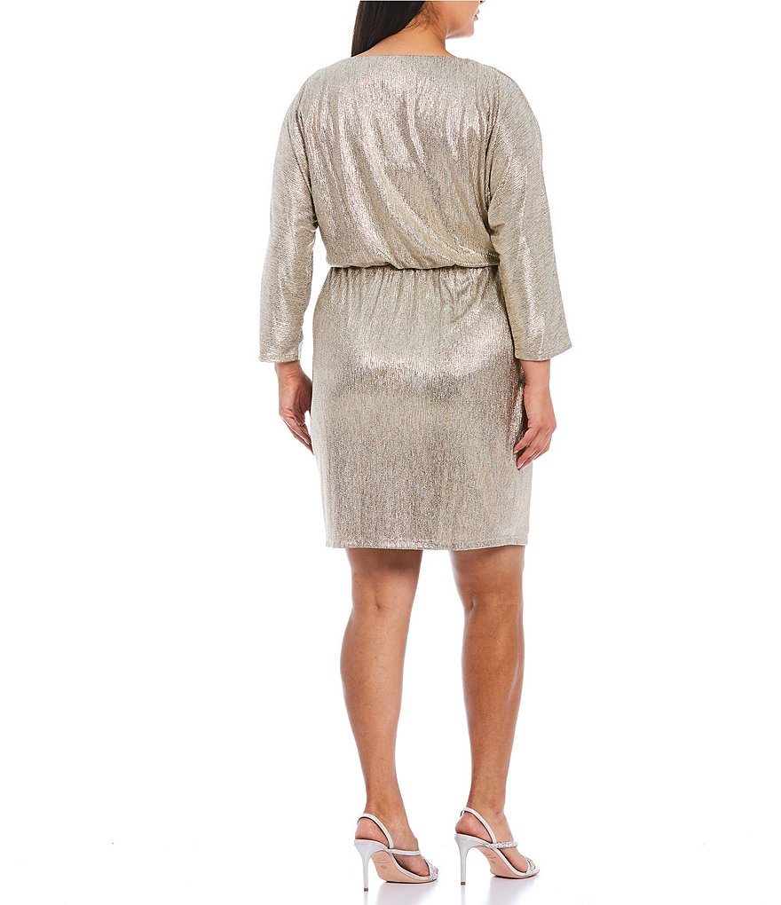 Jessica Howard Plus Size 3/4 Sleeve Drape Cowl Neck Metallic Blouson Dress