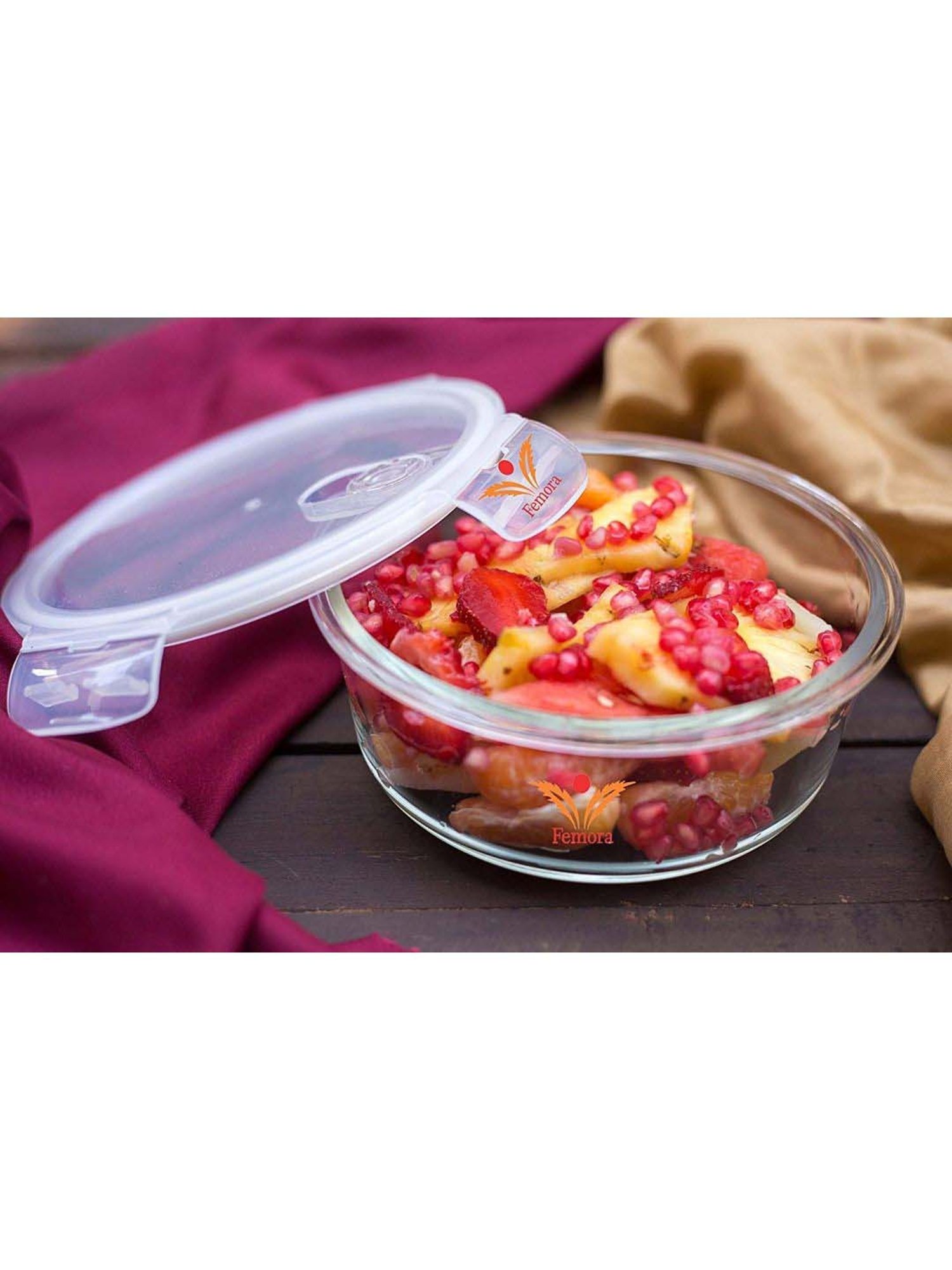 Femora Borosilicate Glass Round Storage Containers with Air Vent Lid (940 ml) - Set of 2