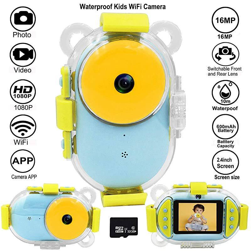 Kids WiFi Camera/Kids Waterproof Dual Camera.Best Christmas Birthday Gifts for Boys/Girls.Video Record Full HD 1080P 16MP IP68 Waterproof Camera Camcorder with 2.4 inch Screen(with Phone APP)