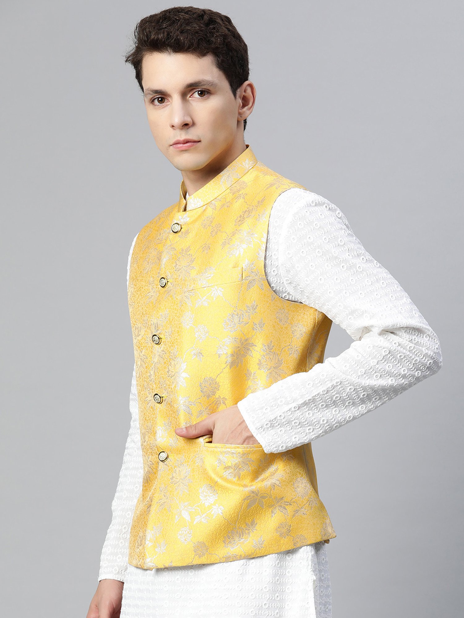 ManQ Yellow Slim Fit Nehru Jacket