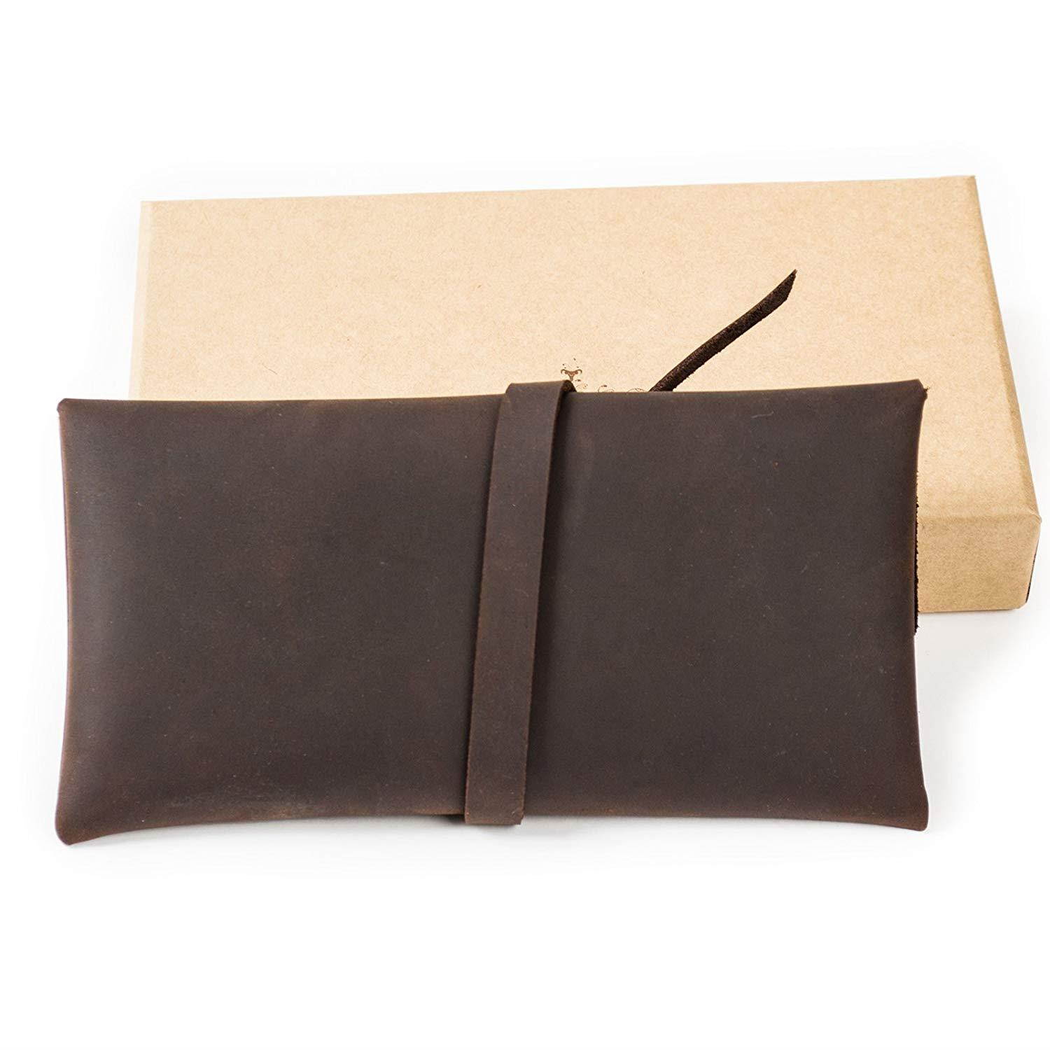 ANCICRAFT Vintage Soft Genuine Leather Pencil Pen Case Pouch Holder Bag Pocket with Retro Key Dark Brown Gift (Dark brown with key)