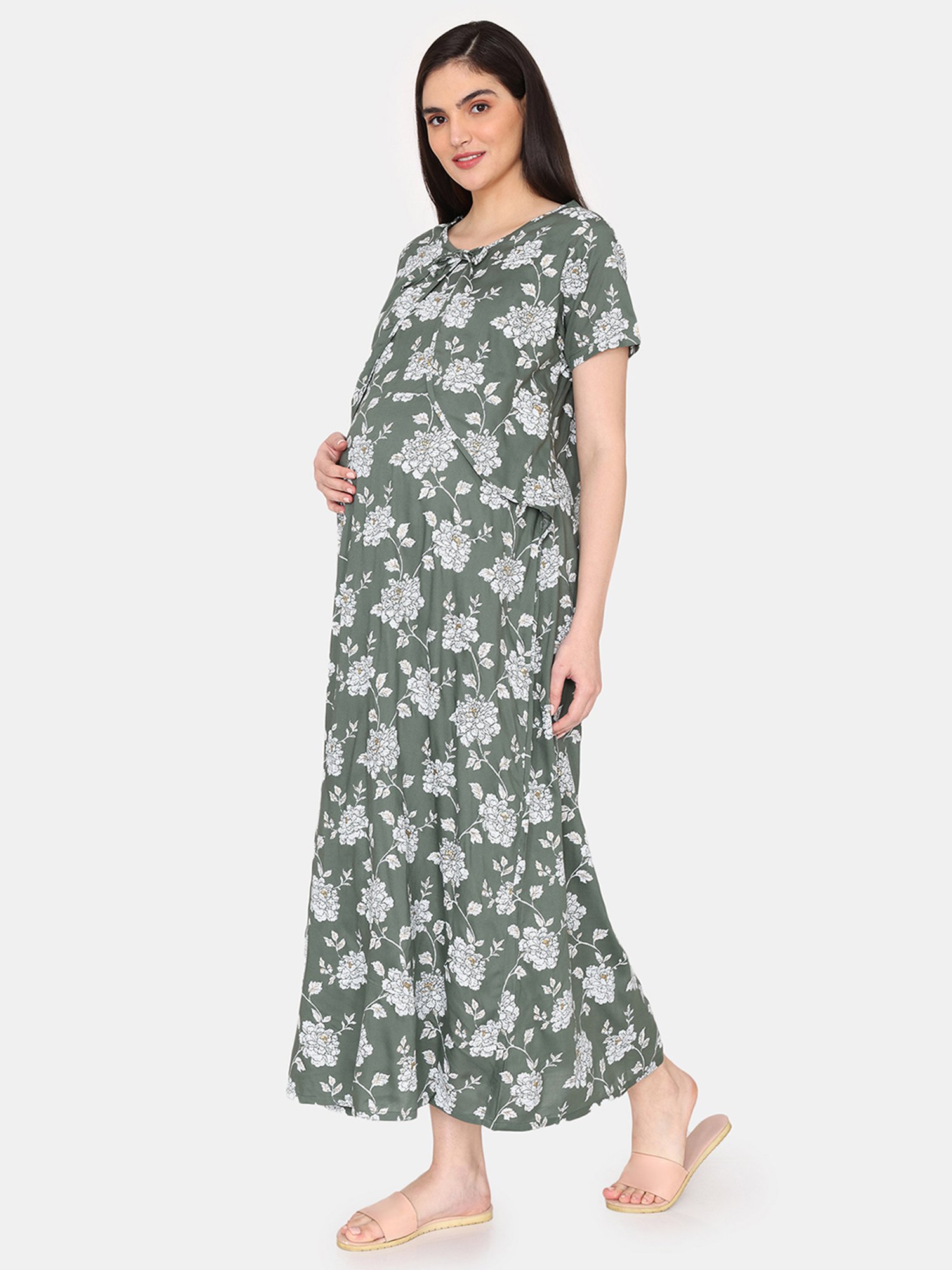 Coucou by Zivame Dark Green Printed Maternity Night Dress