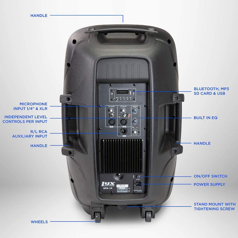 LyxPro 15 Inch PA Active Speaker System Compact And Portable With Equalizer, Bluetooth, MP3, USB, SD Card Slot, XLR, 1/4", 3.5mm Input, Carry Handles, SPA-15