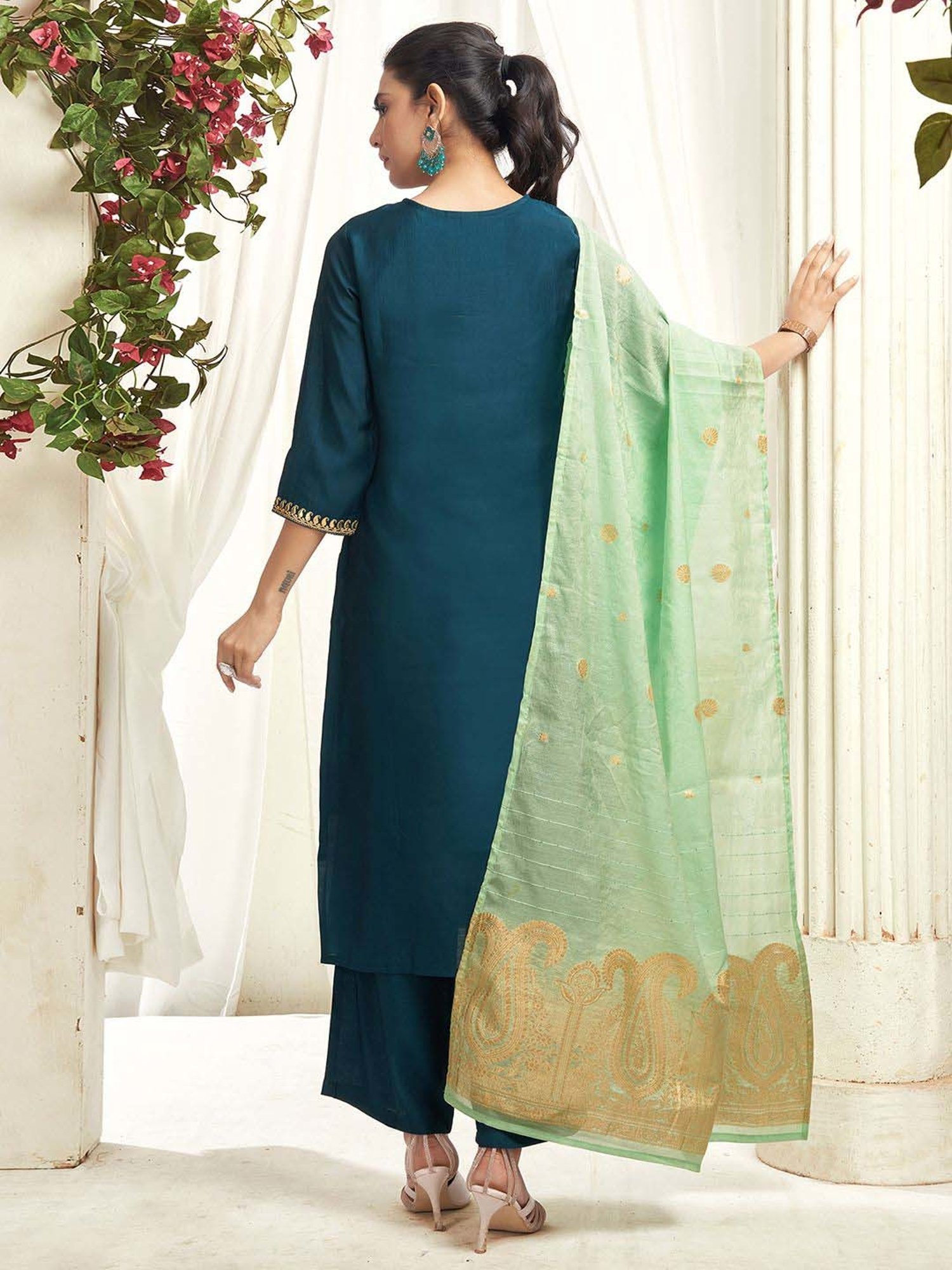 Skylee Blue Embroidered Kurta Palazzo Set With Dupatta