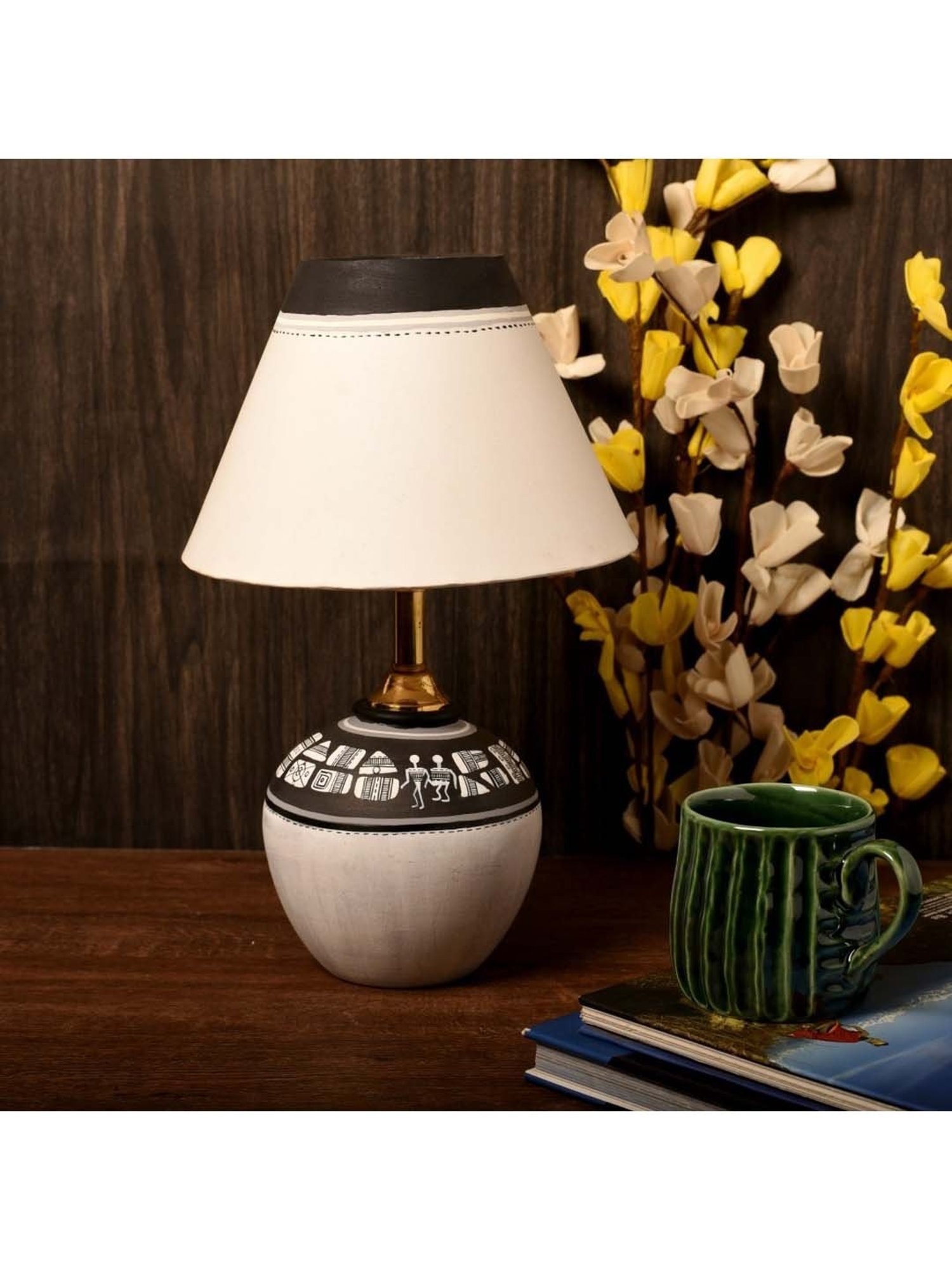 Unravel India White & Black Terracotta Table Lamp - Set of 1