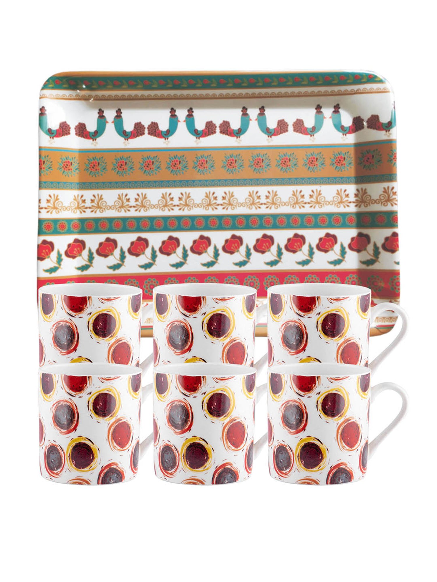 Goodhomes Multicolor Melamine Coffee Mug (220 ml) with Tray - Set of 7