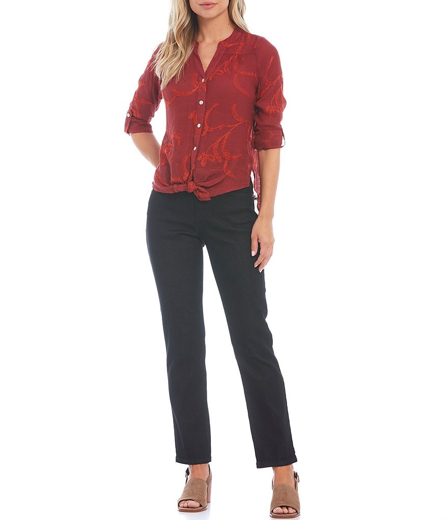 Figueroa & Flower Petite Size Roxy Embroidery Banded Split V-Neck Roll-Tab 3/4 Sleeve Tie Button Front Top