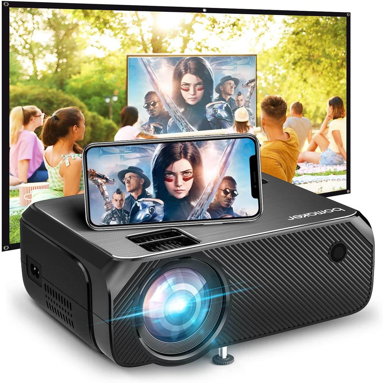 Bomaker Wi-Fi Mini Projector, Portable Projector for Outdoor Movies, Full HD Outdoor Movie Projector, Wireless Mirroring, for Smartphone/Laptops/PCs/Windows/DVD Player /TV Stick