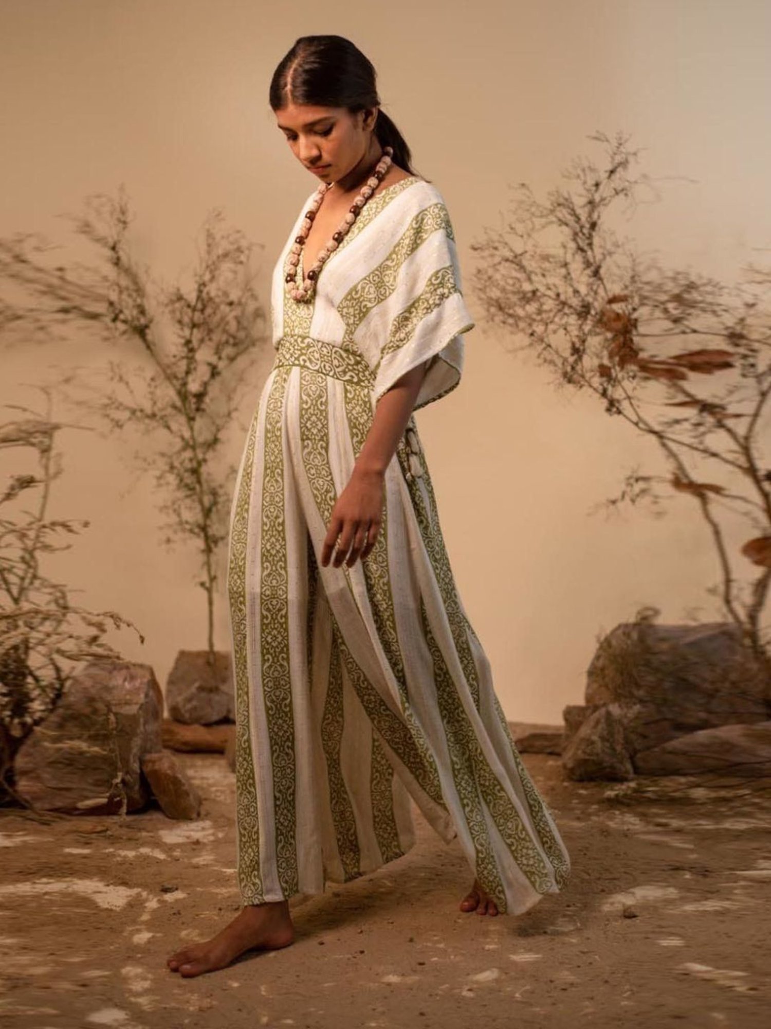 LABEL REYYA Off-White & Green Afro Jumpsuit