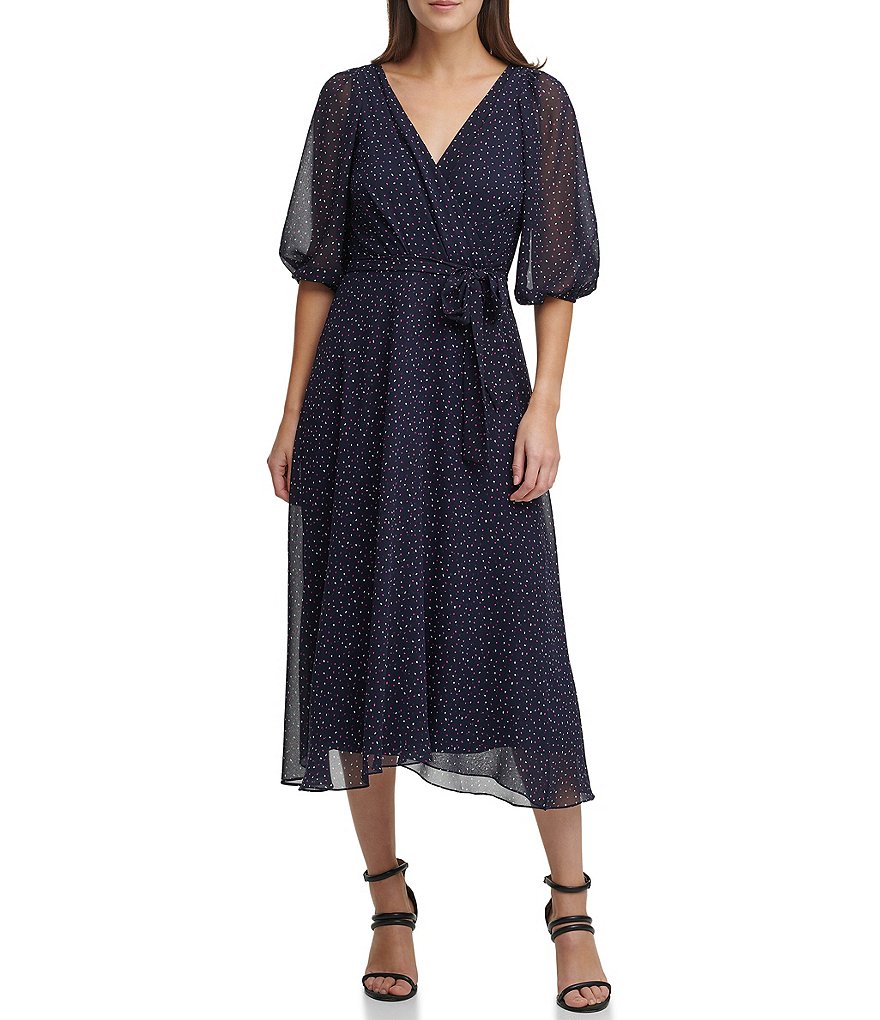 DKNY Balloon Short Sleeve V-Neck Faux Wrap Midi Dress