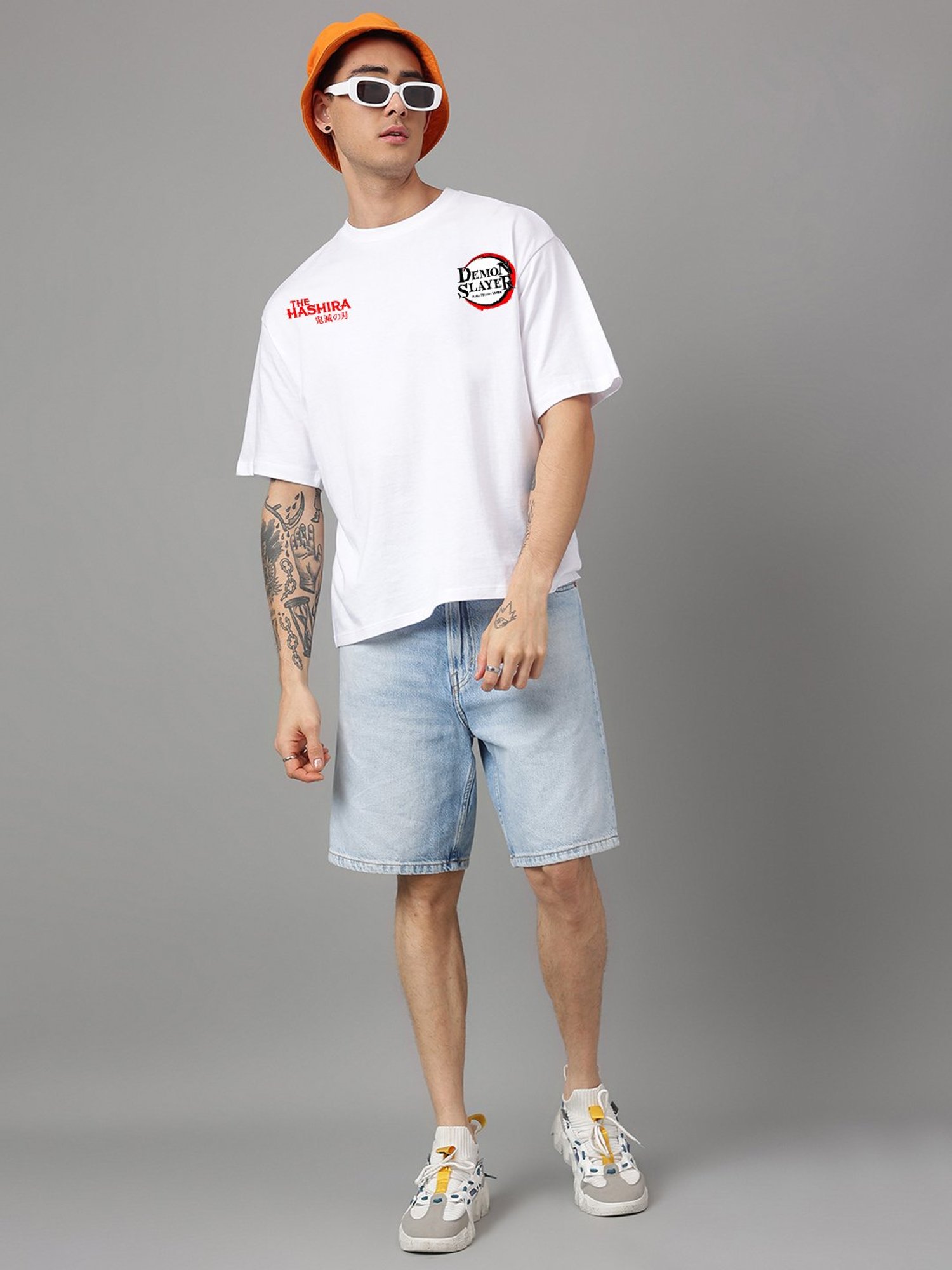 Free Authority White Loose Fit Demon Slayer Printed Crew T-Shirt