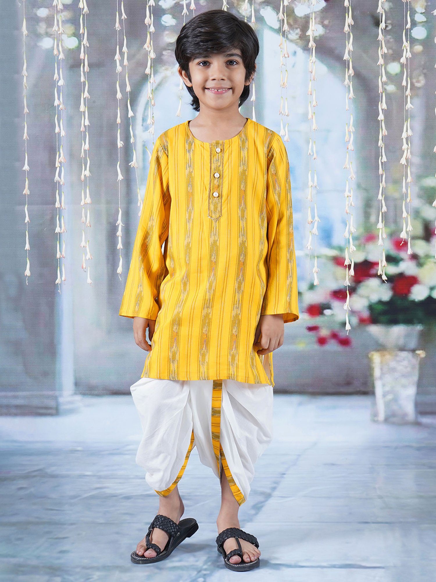 Little Bansi Kids Yellow & White Printed Kurta with Dhoti